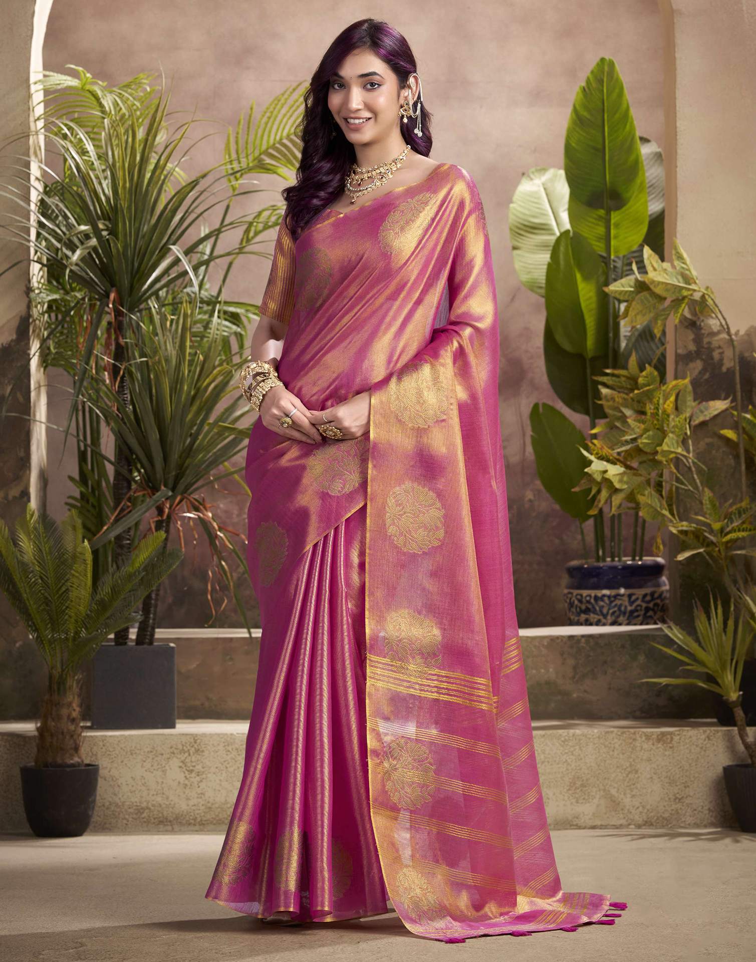 Rani Pink Tissue Silk Woven Saree