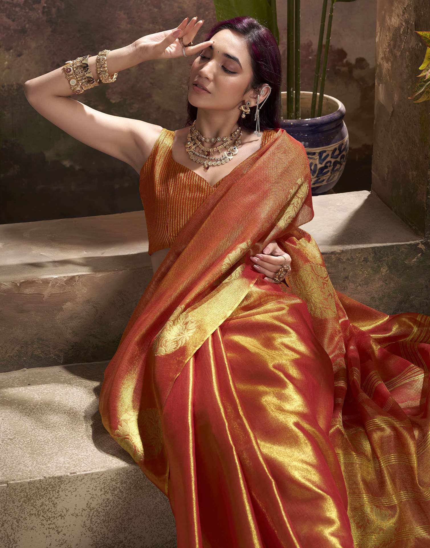 Orange Tissue Silk Woven Saree