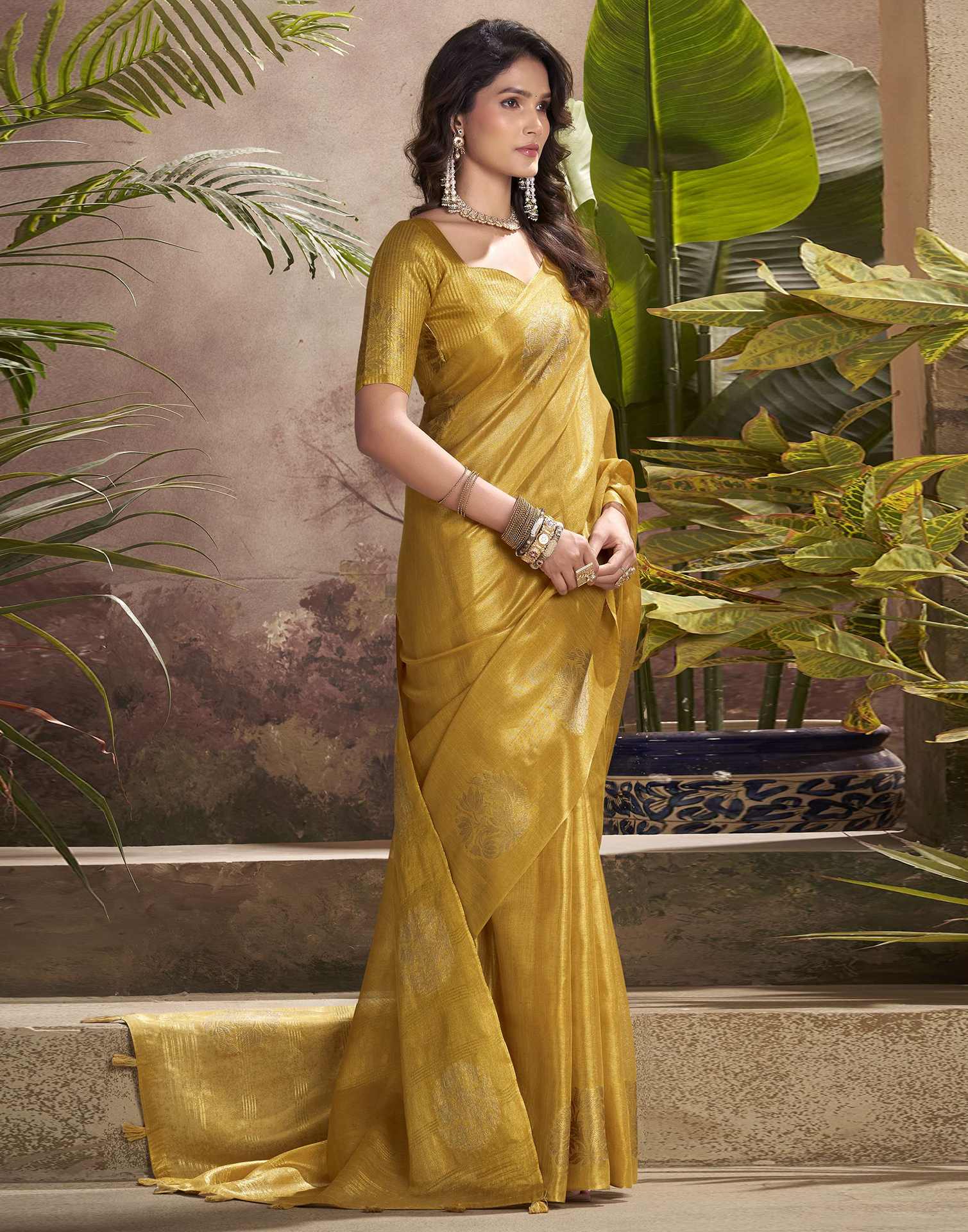Mustard Yellow Tissue Silk Woven Saree
