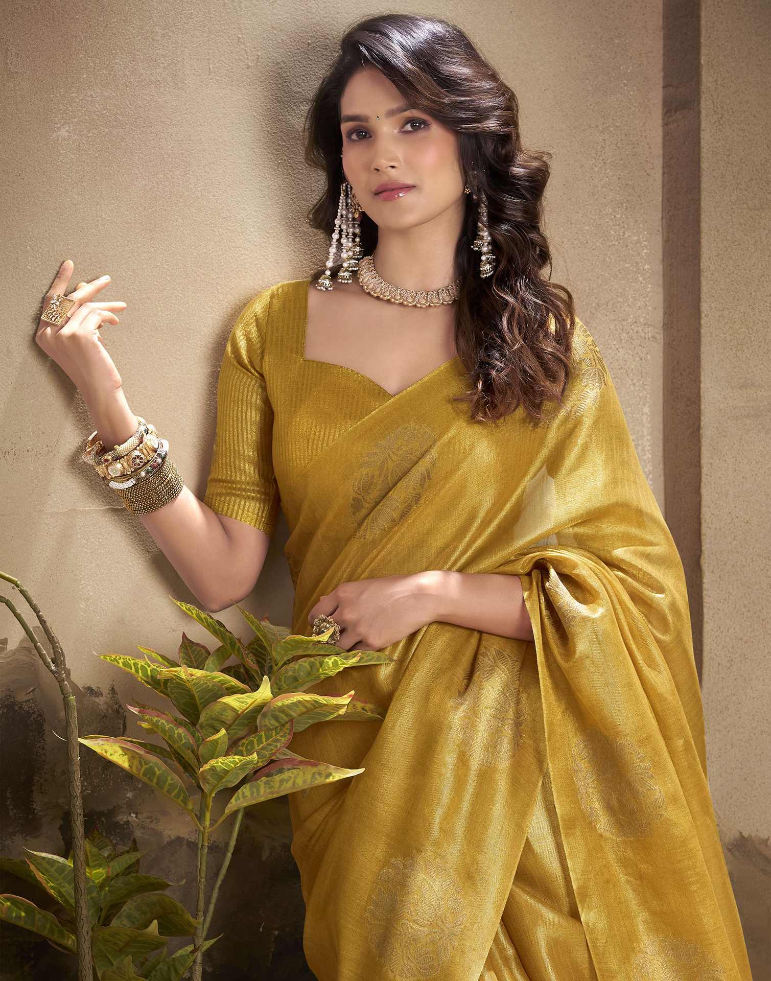 Mustard Yellow Tissue Silk Woven Saree