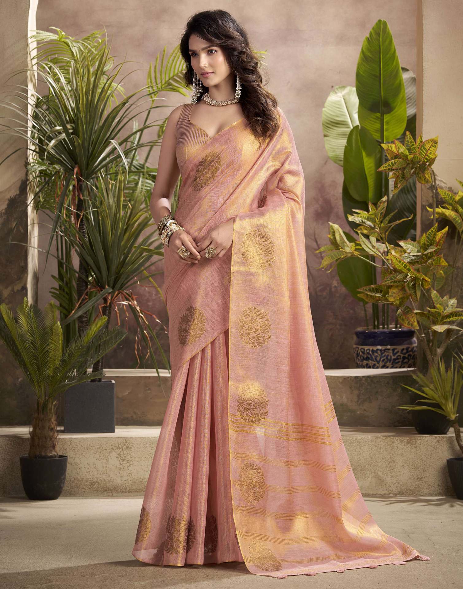 Rose Pink Tissue Silk Woven Saree
