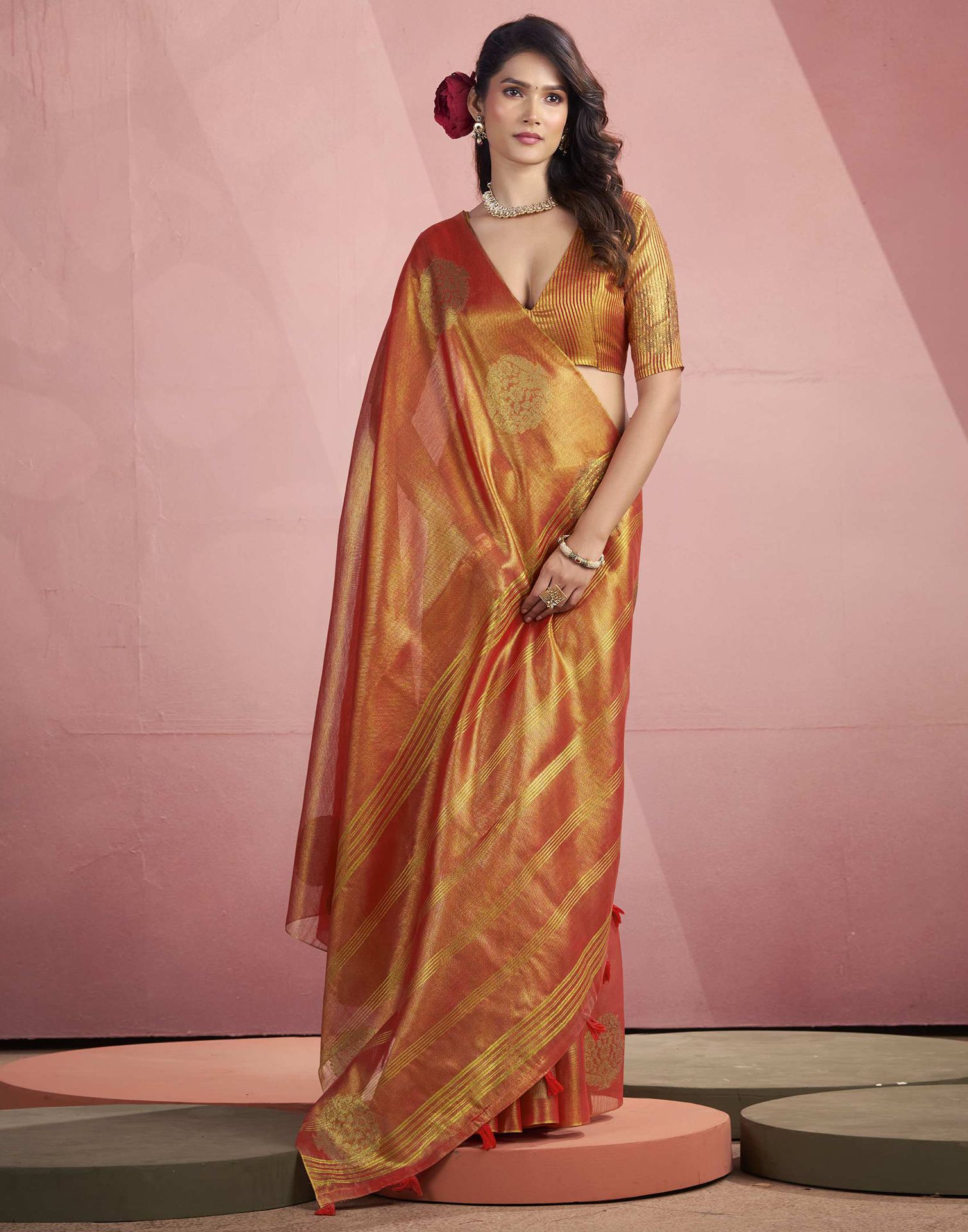 Orange Tissue Silk Woven Saree