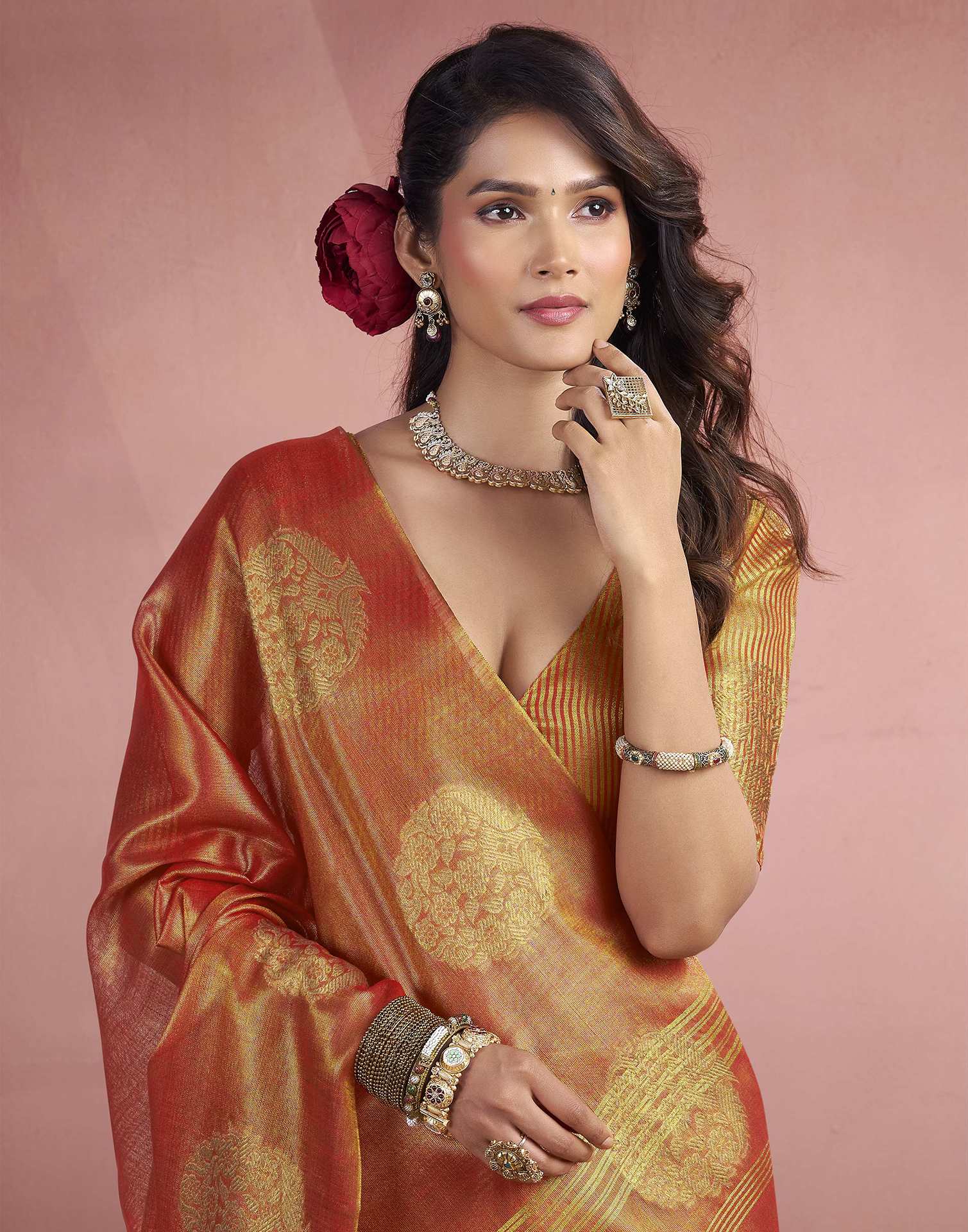 Orange Tissue Silk Woven Saree