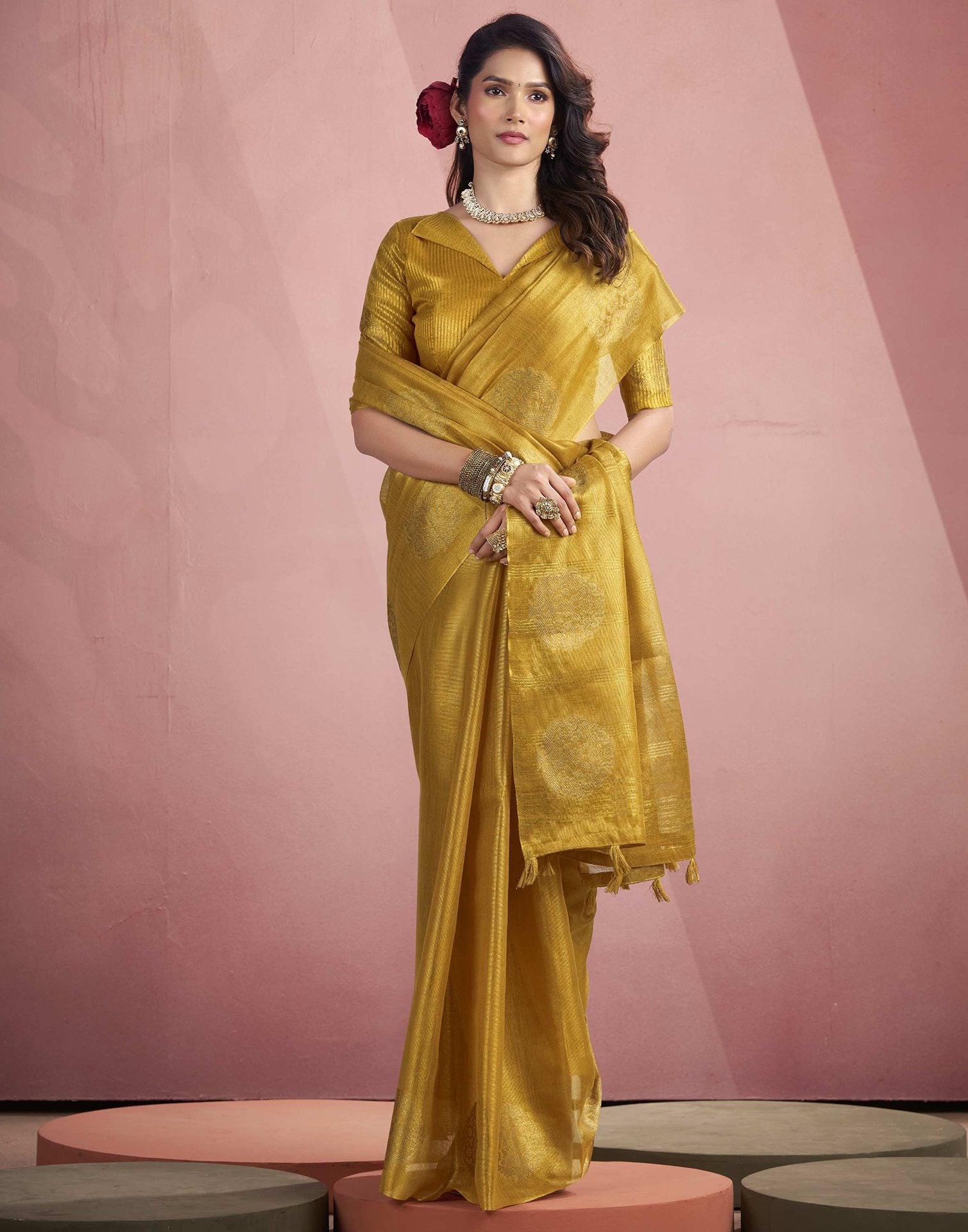 Mustard Yellow Tissue Silk Woven Saree