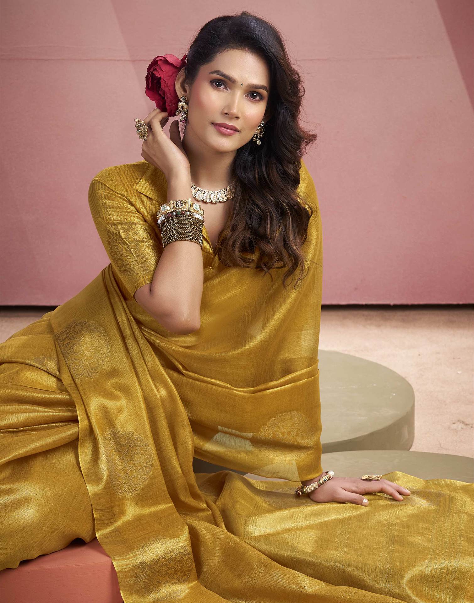 Mustard Yellow Tissue Silk Woven Saree
