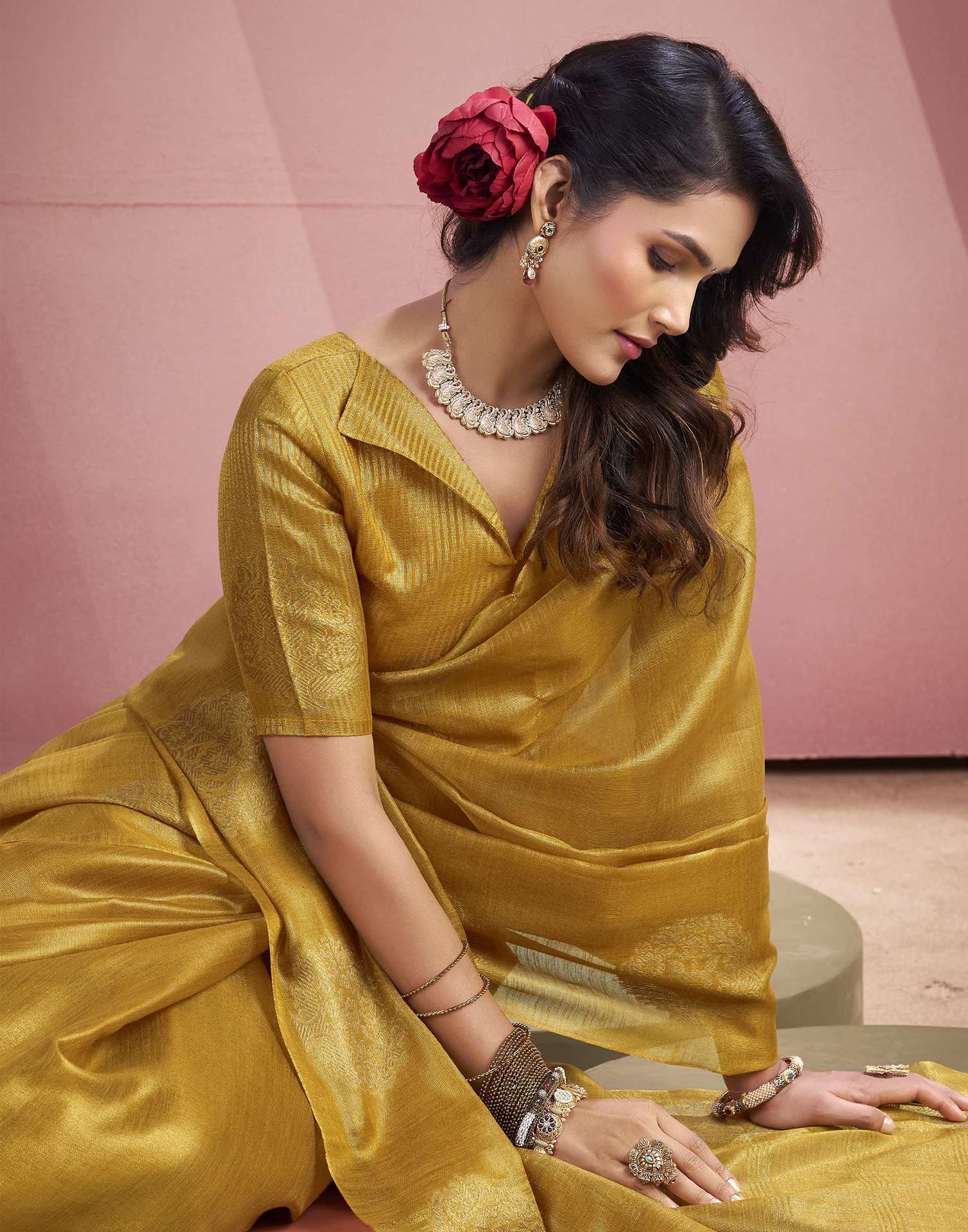 Mustard Yellow Tissue Silk Woven Saree