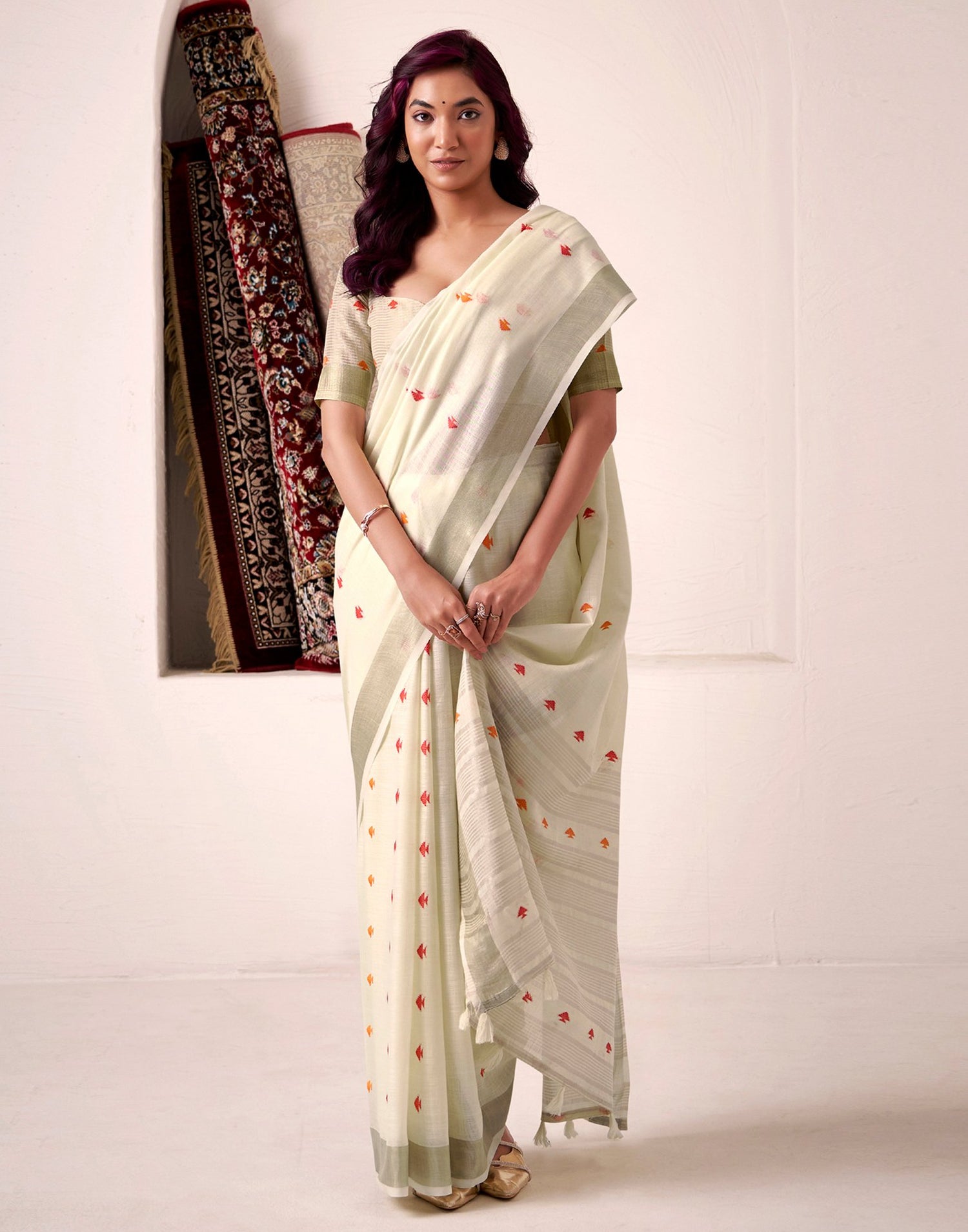 Off White Silk Woven Saree