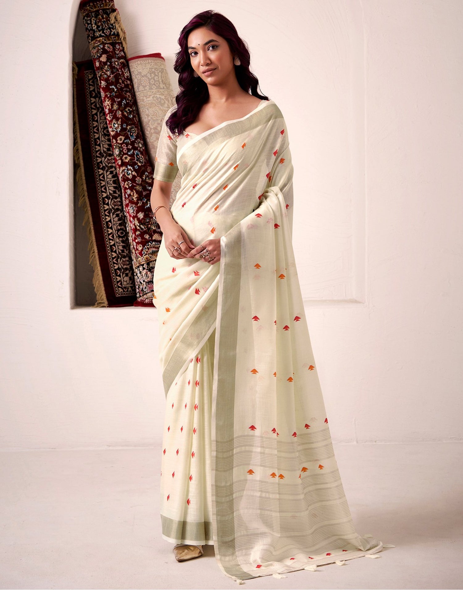Off White Silk Woven Saree