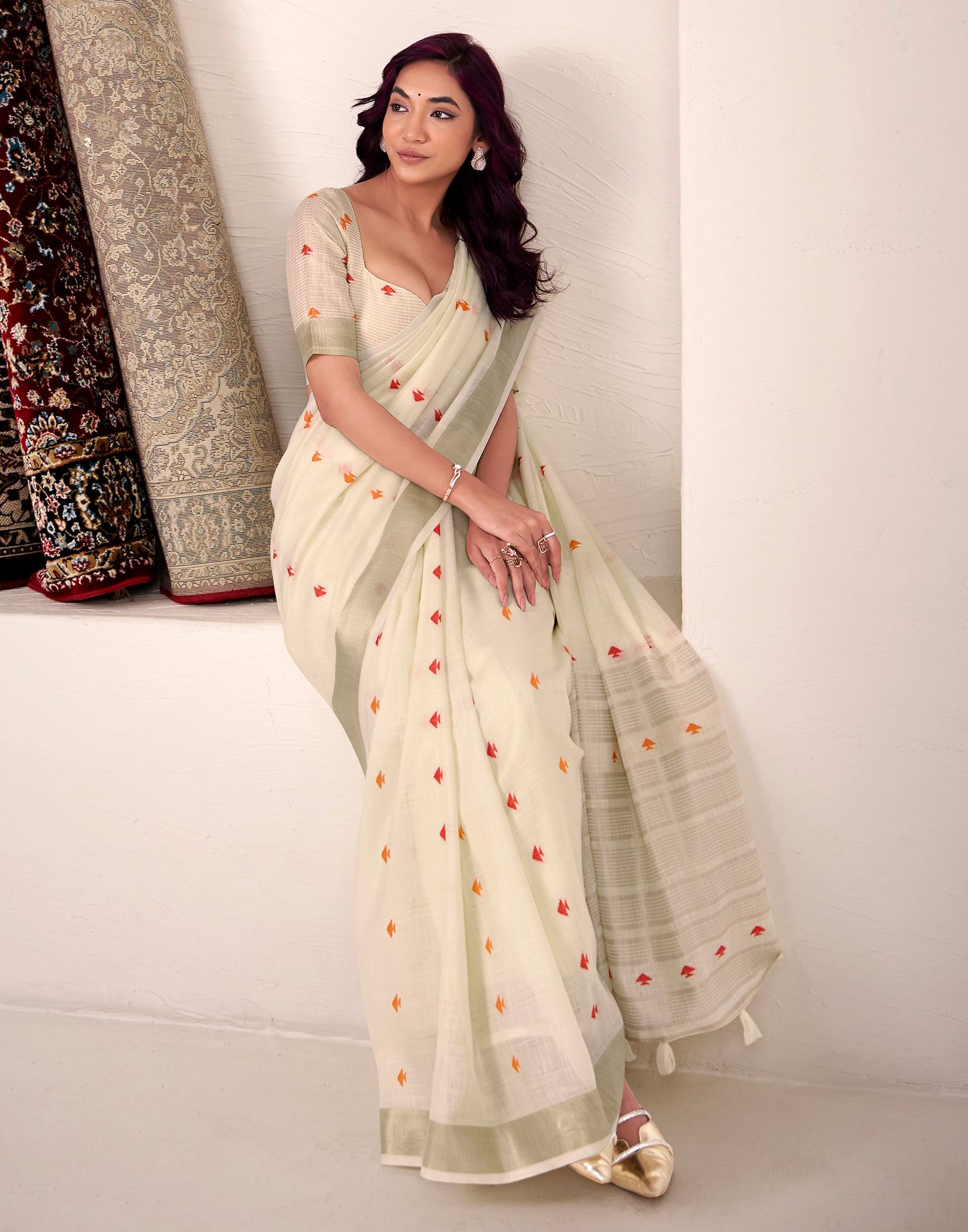 Off White Silk Woven Saree