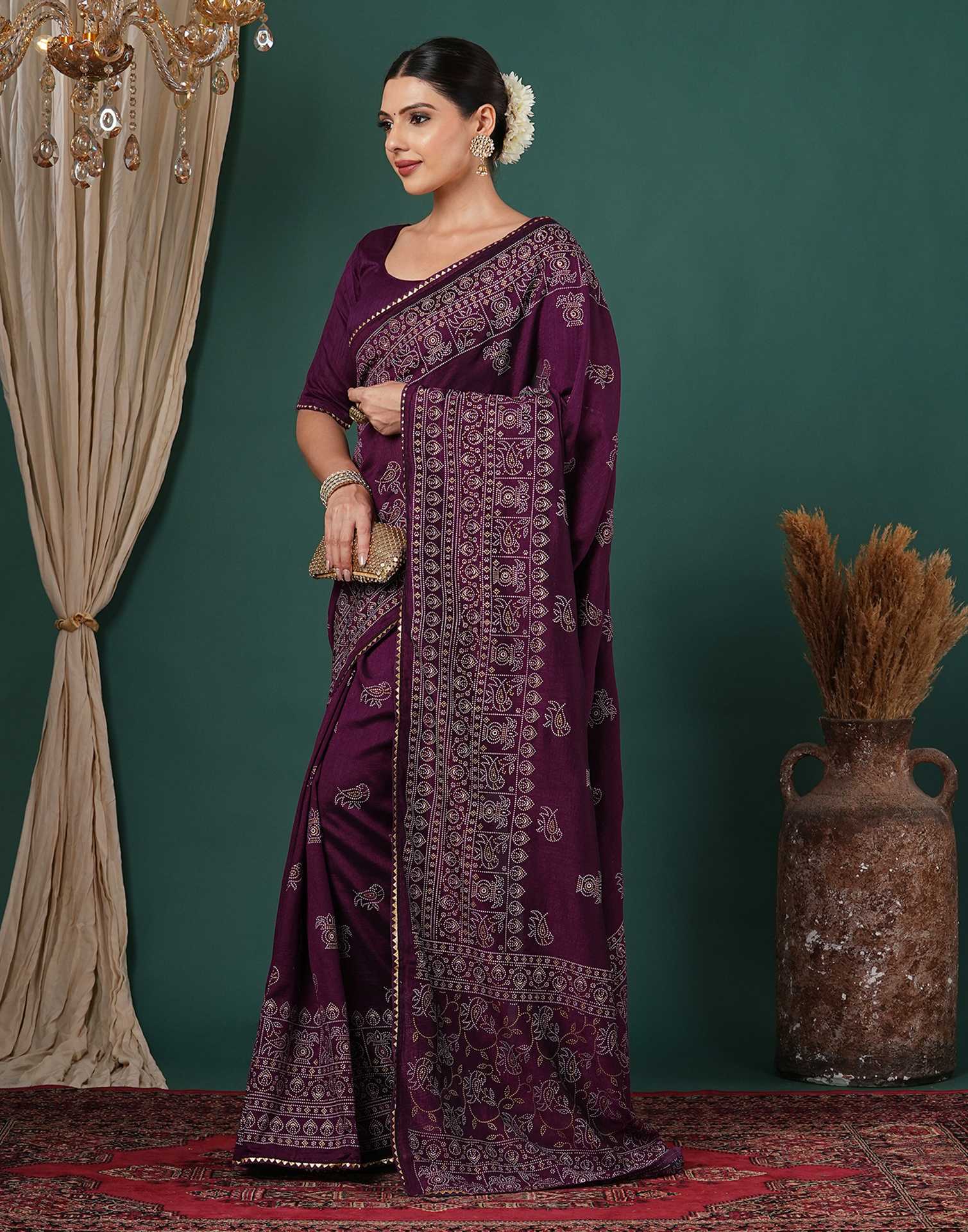 Dark Purple Silk Printed Saree