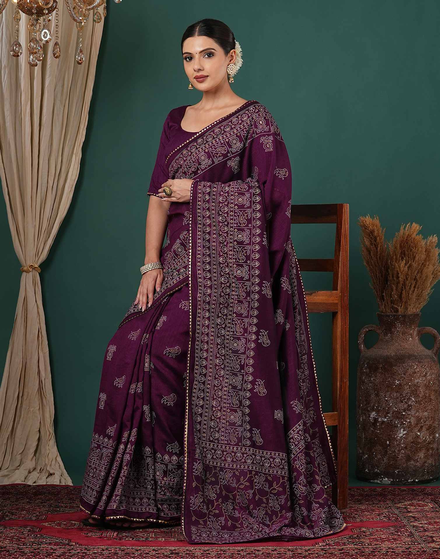 Dark Purple Silk Printed Saree