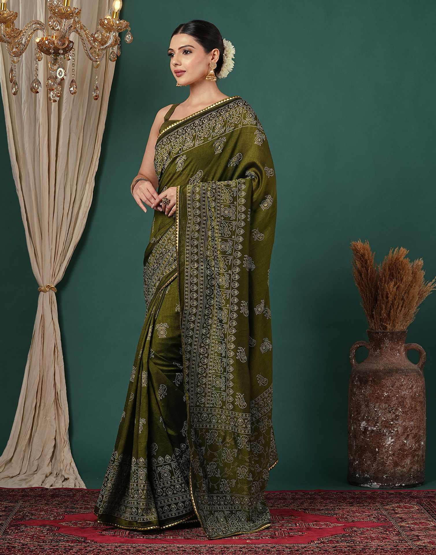 Mehandi Green Silk Printed Saree