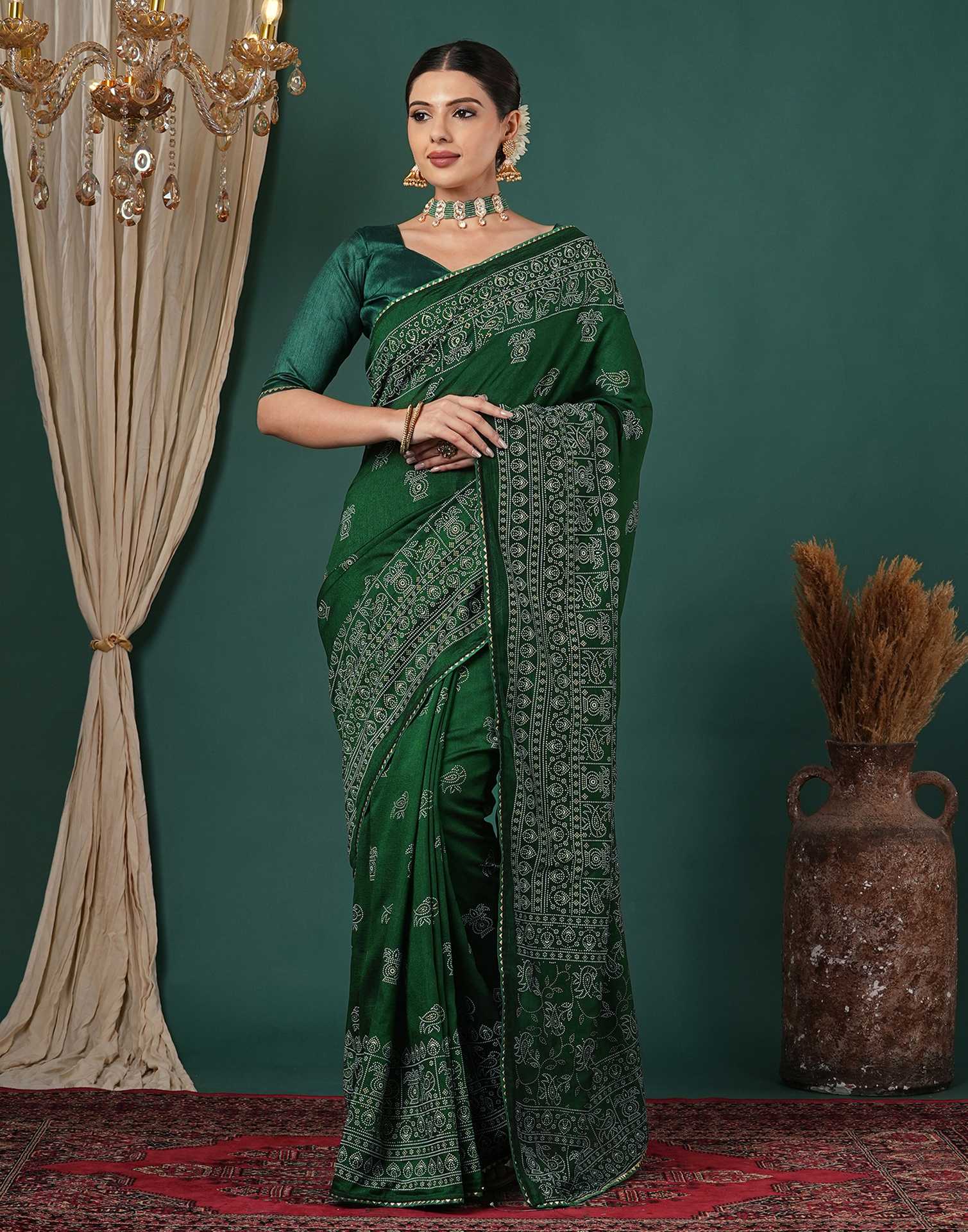 Bottle Green Silk Printed Saree