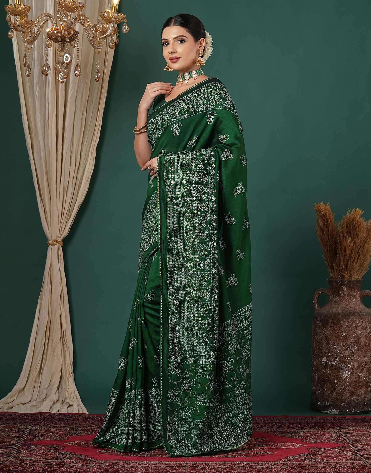 Bottle Green Silk Printed Saree