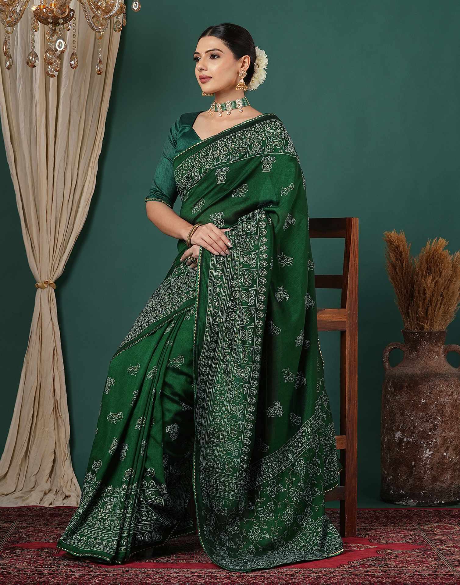 Bottle Green Silk Printed Saree