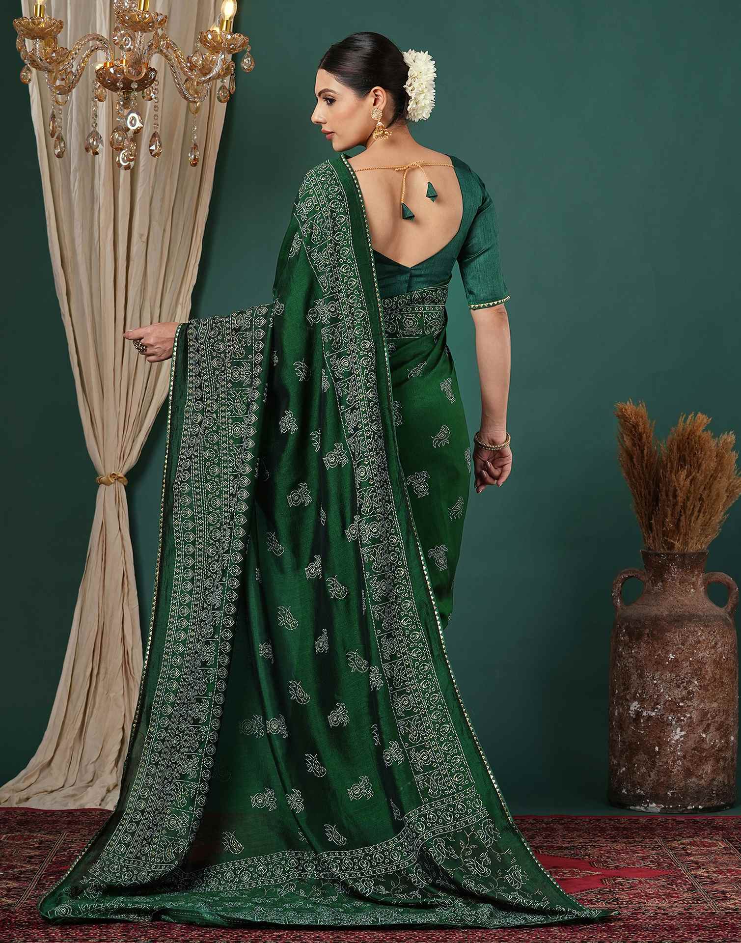 Bottle Green Silk Printed Saree