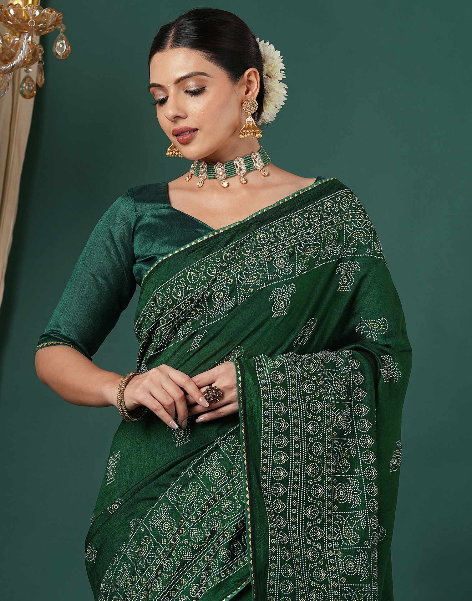 Bottle Green Silk Printed Saree