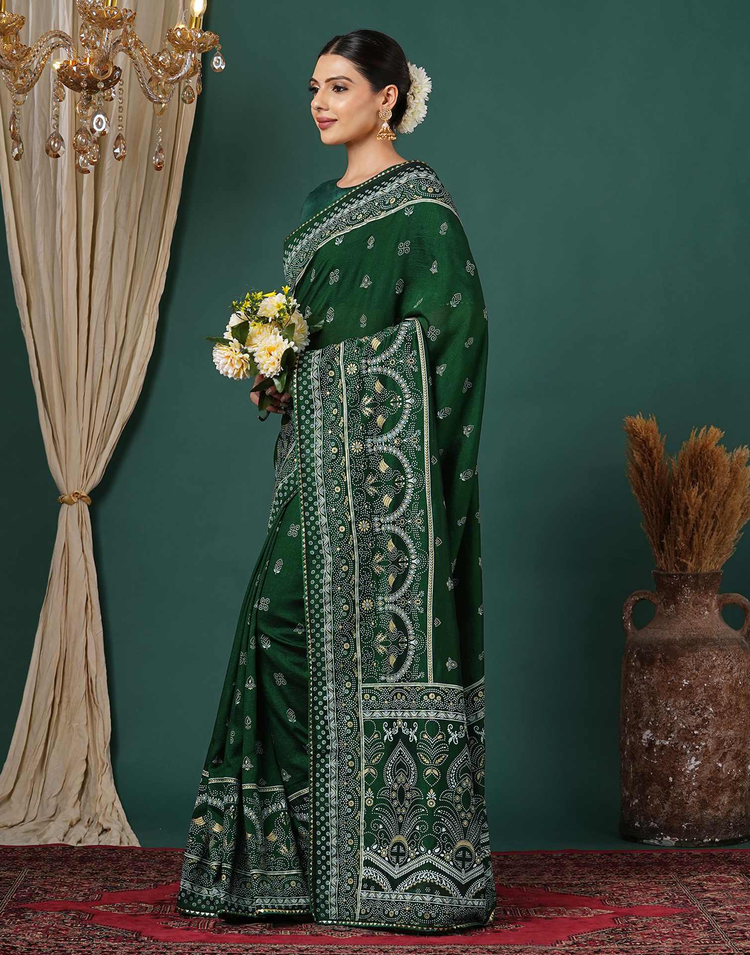 Bottle Green Silk Printed Saree