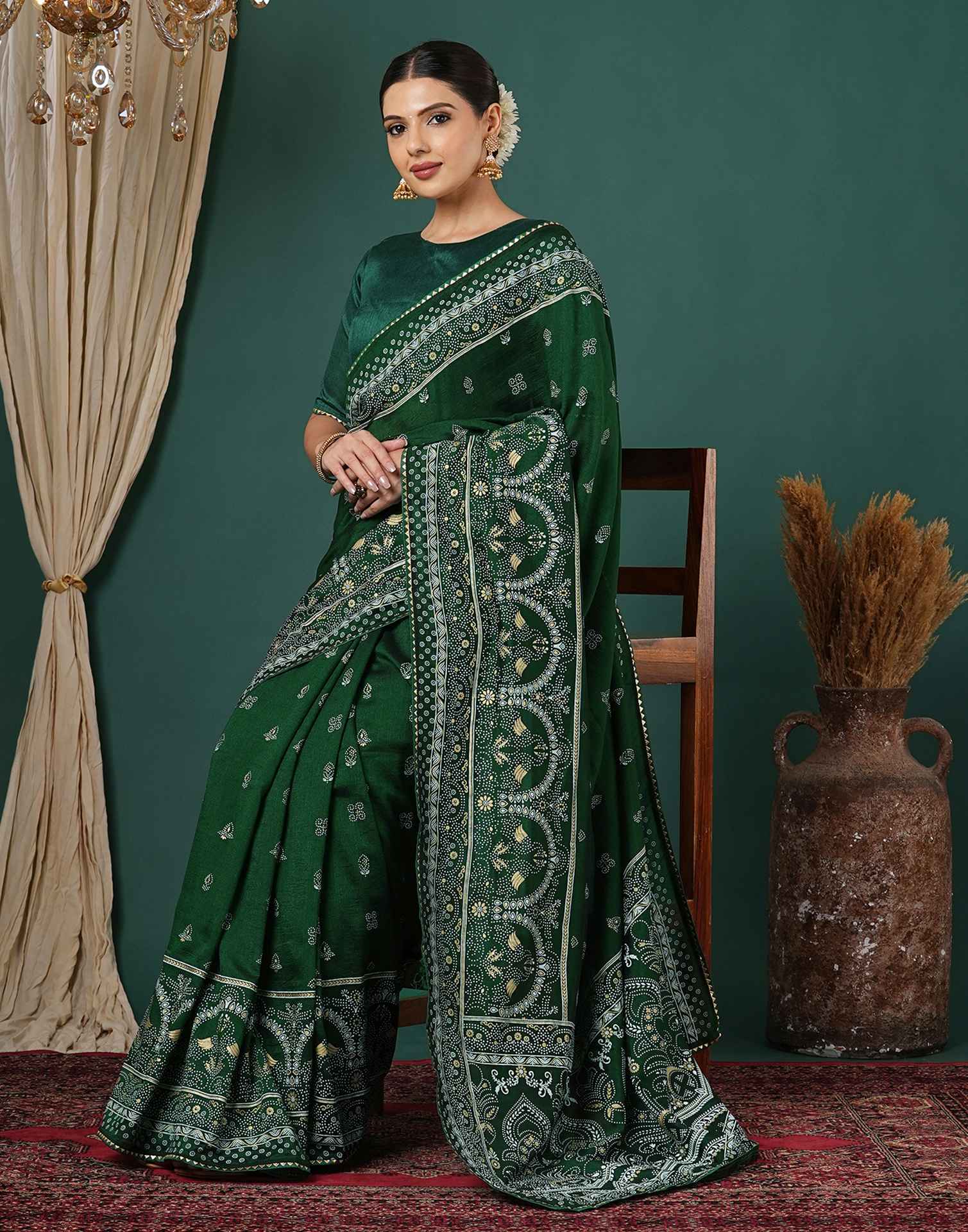Bottle Green Silk Printed Saree