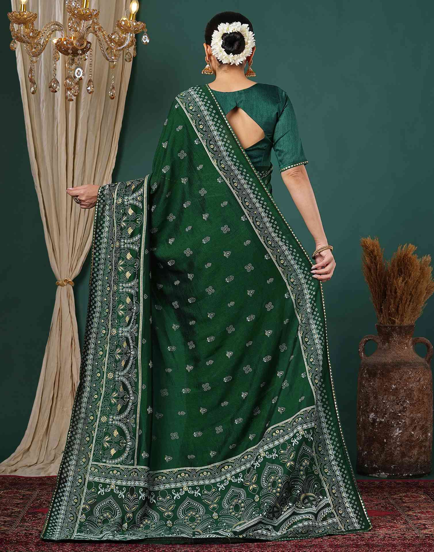 Bottle Green Silk Printed Saree