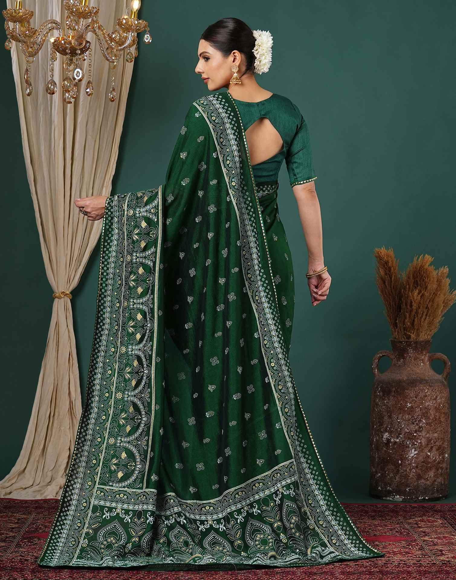 Bottle Green Silk Printed Saree