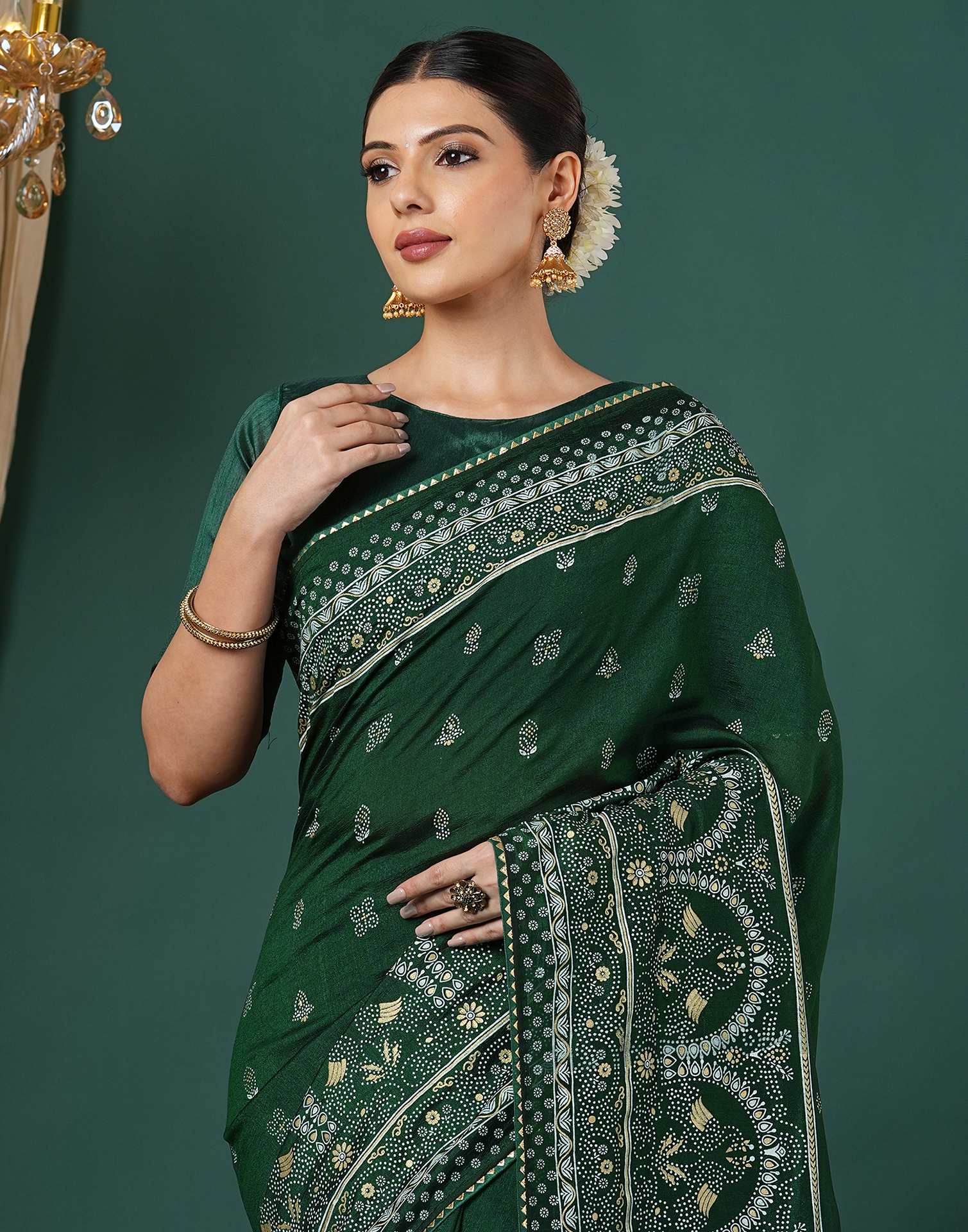 Bottle Green Silk Printed Saree