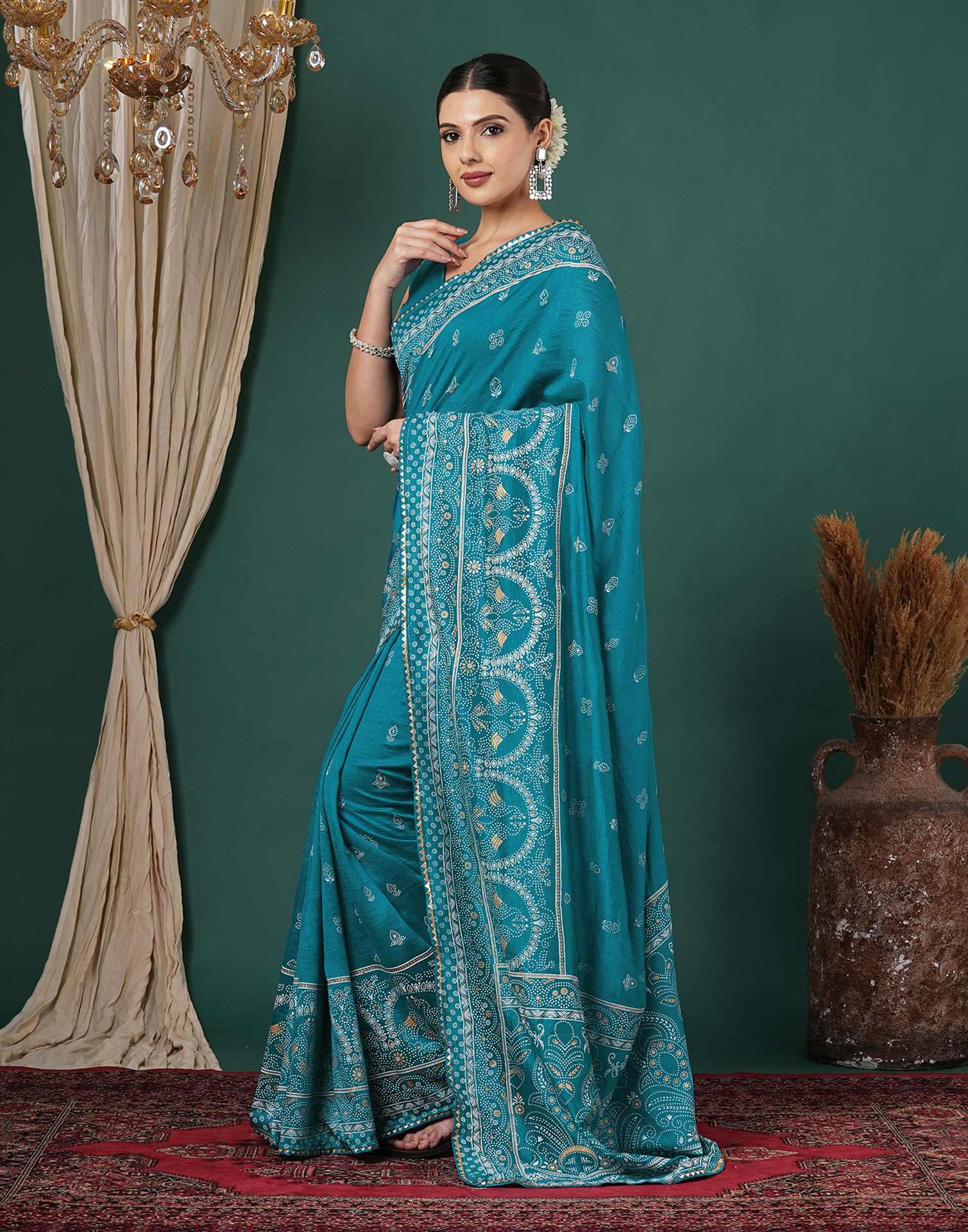 Teal Blue Silk Printed Saree