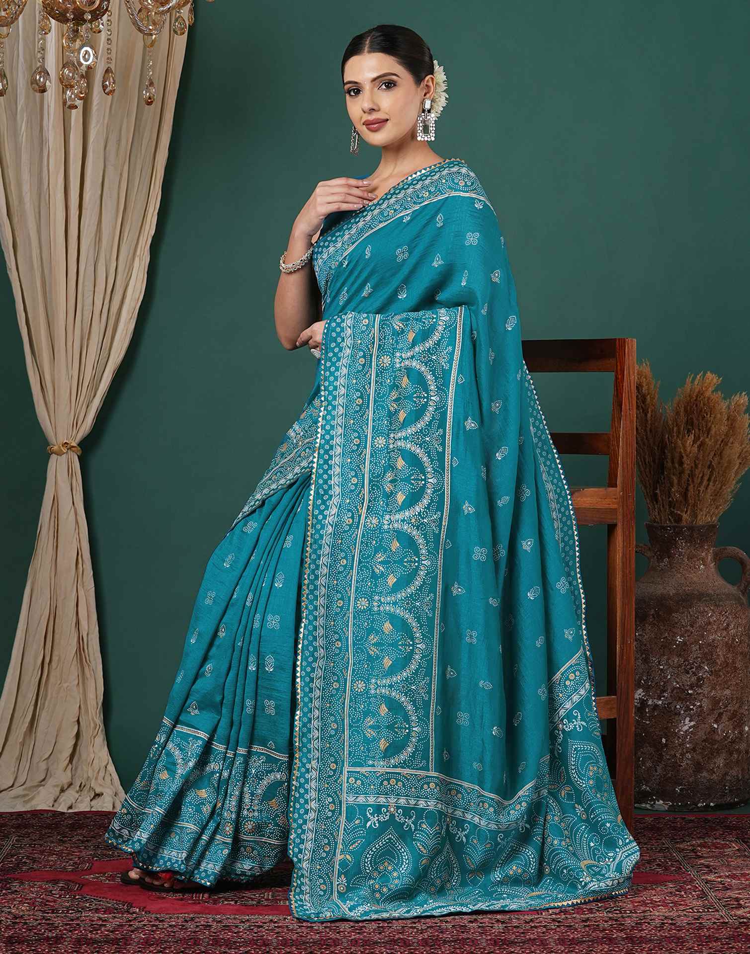 Teal Blue Silk Printed Saree