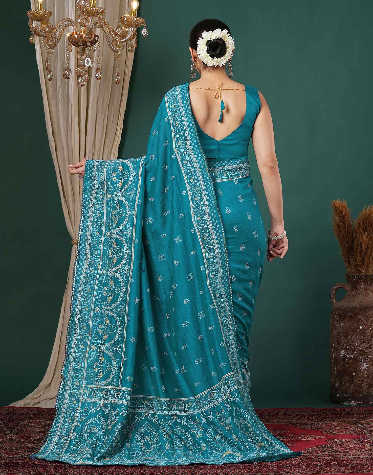 Teal Blue Silk Printed Saree
