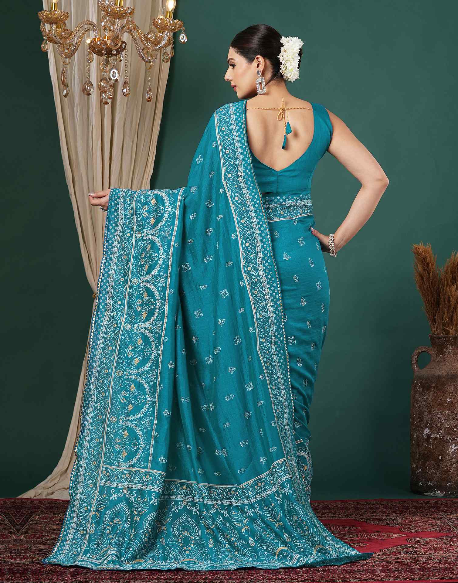 Teal Blue Silk Printed Saree