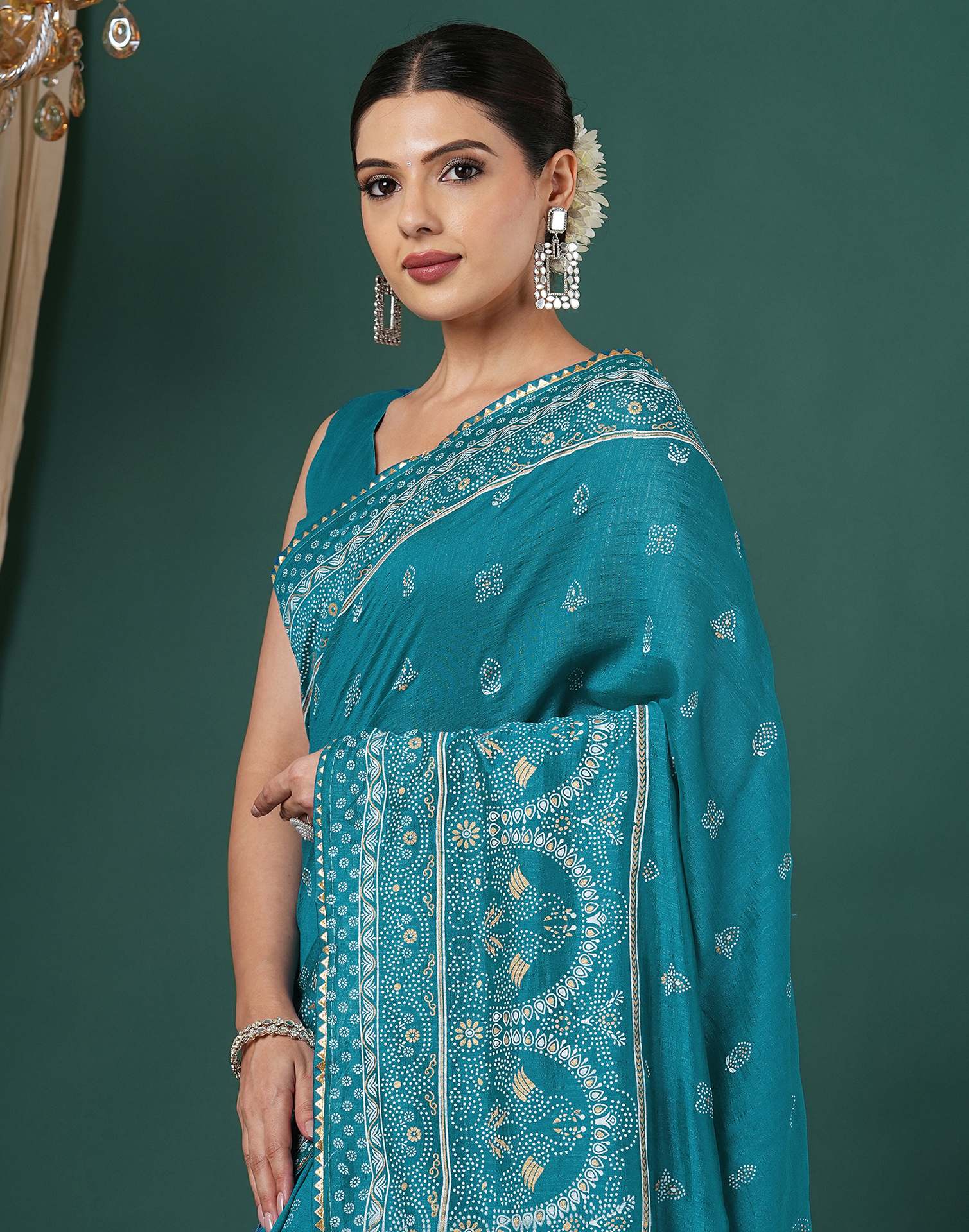 Teal Blue Silk Printed Saree
