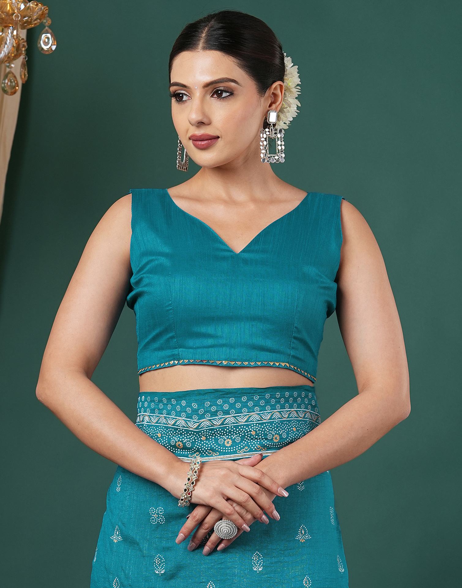 Teal Blue Silk Printed Saree