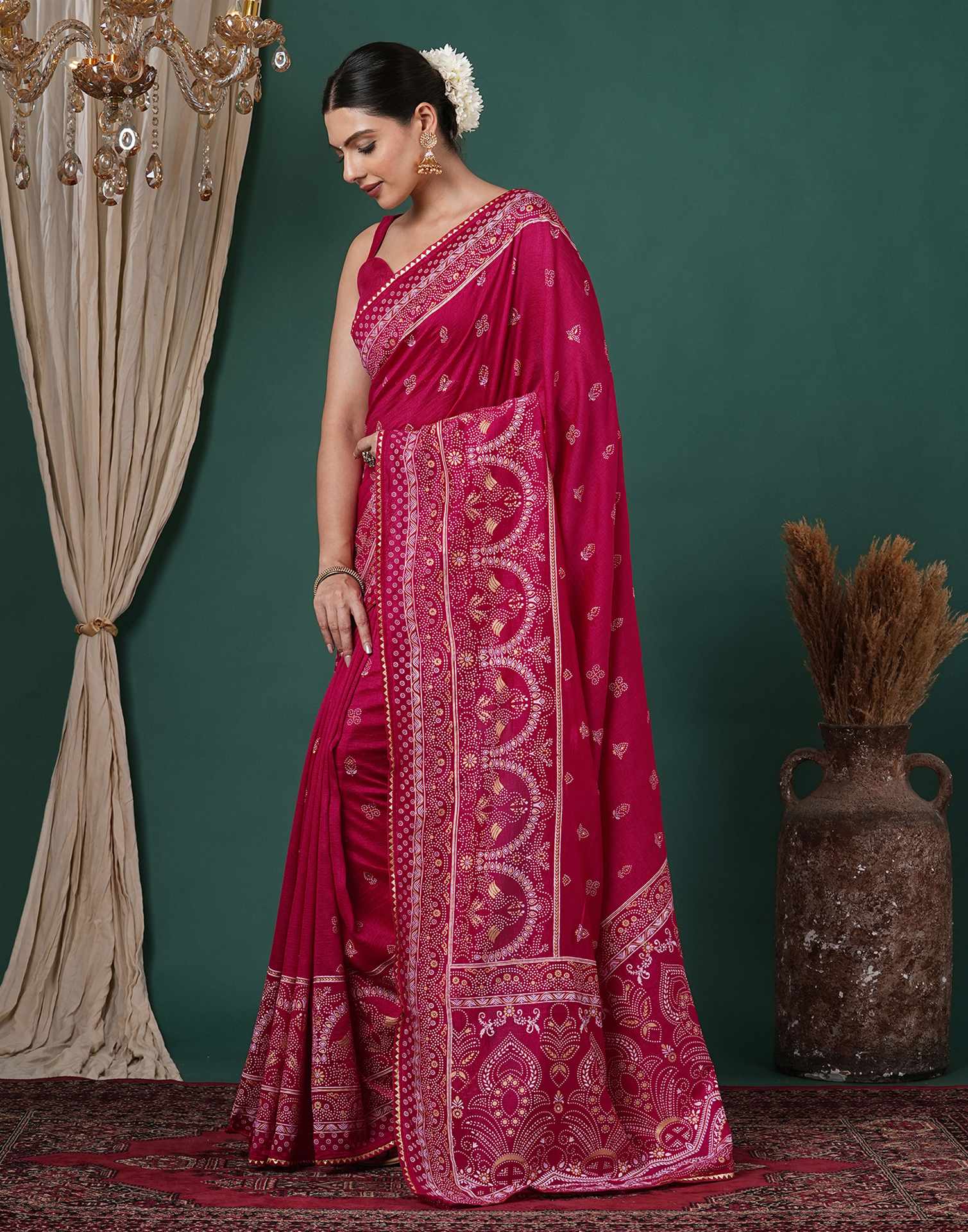 Rani Pink Silk Printed Saree