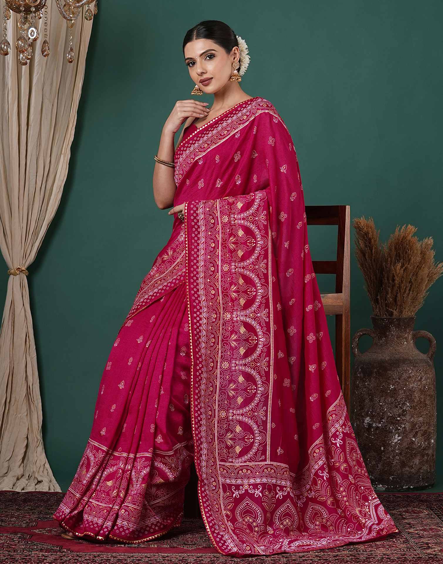 Rani Pink Silk Printed Saree
