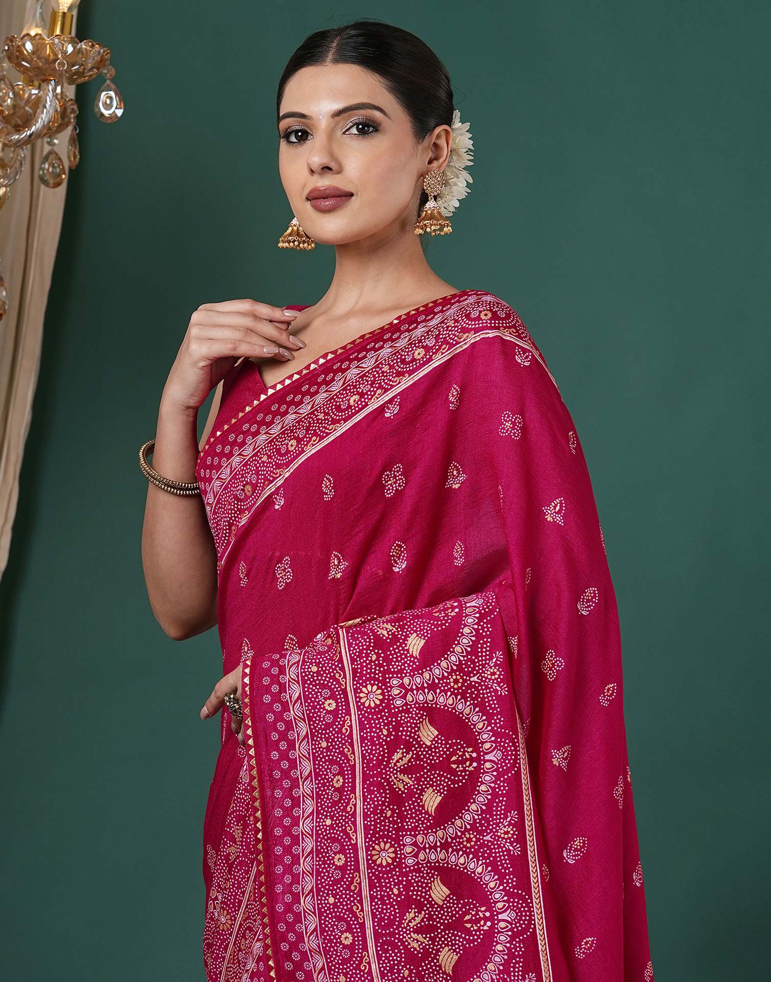 Rani Pink Silk Printed Saree