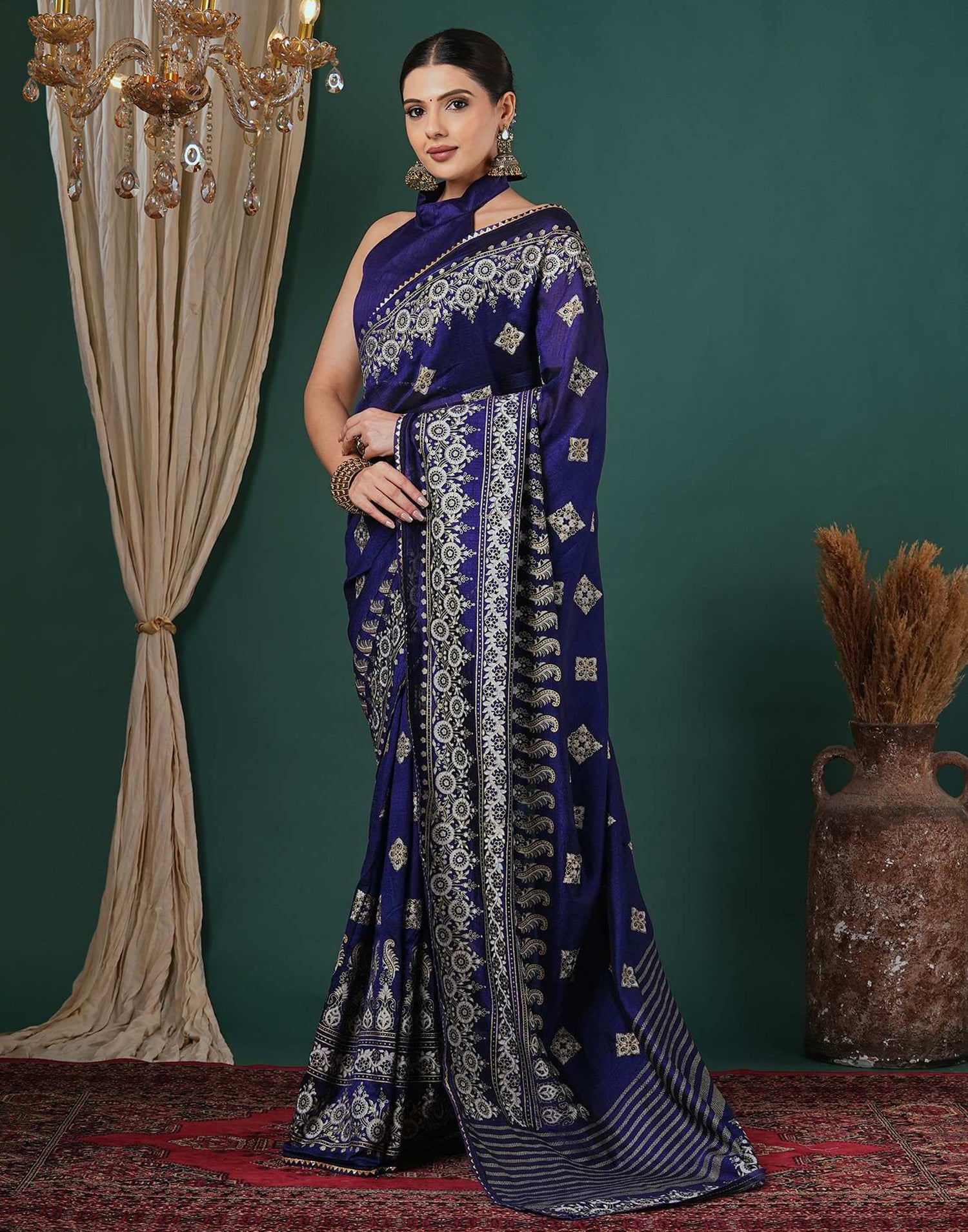Navy Blue Silk Foil Printed Saree