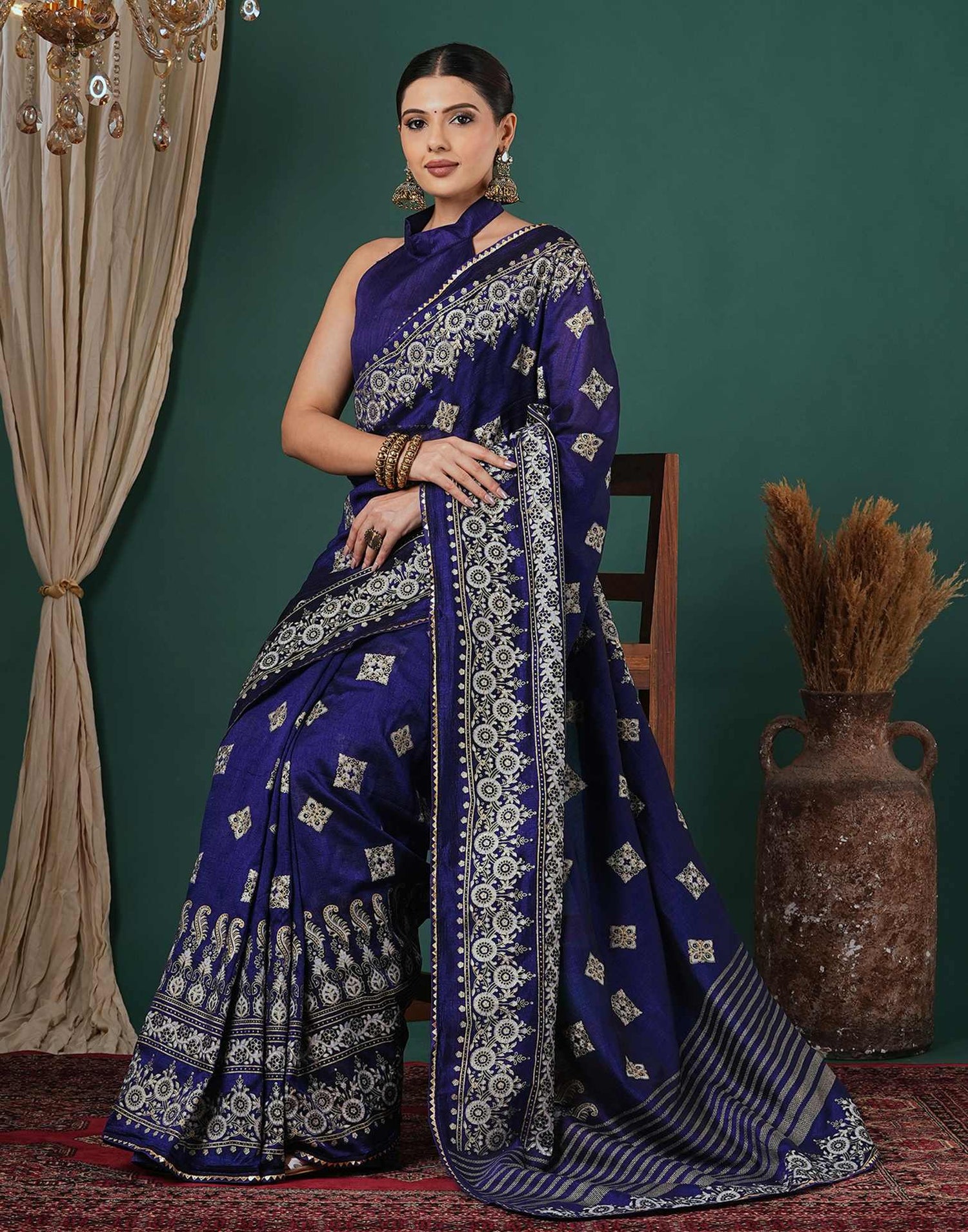 Navy Blue Silk Foil Printed Saree