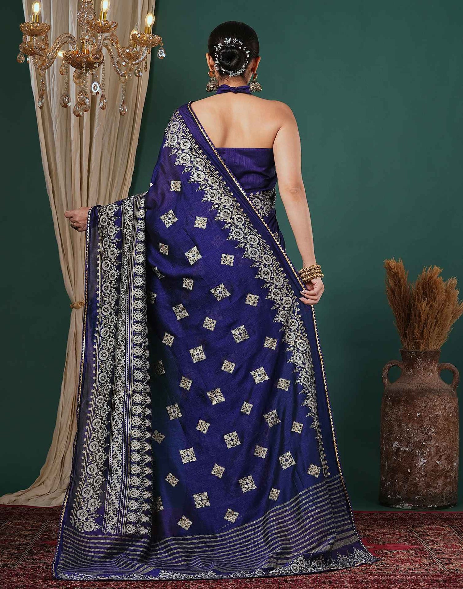 Navy Blue Silk Foil Printed Saree