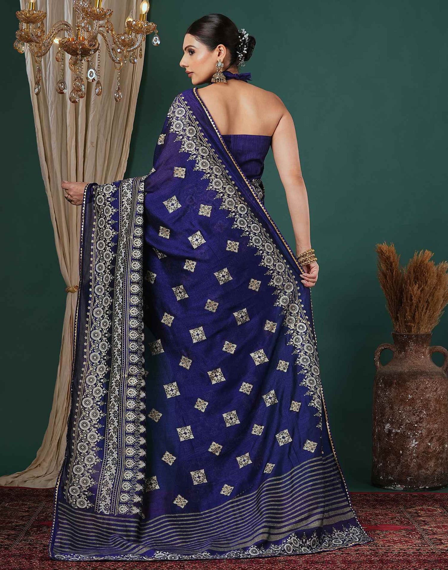 Navy Blue Silk Foil Printed Saree
