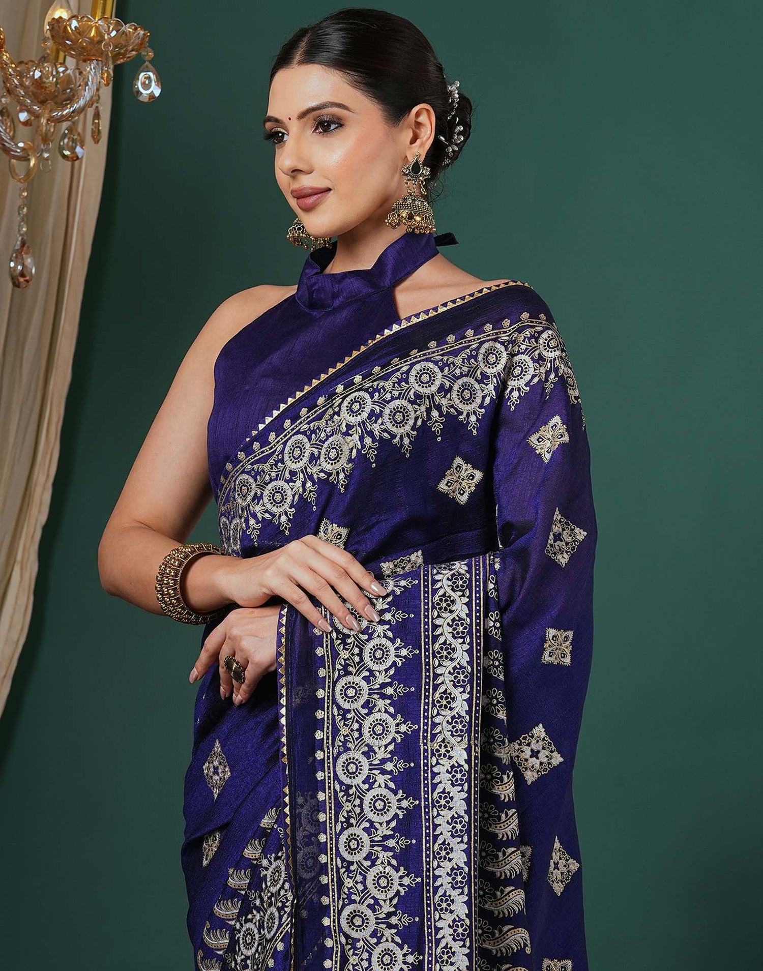 Navy Blue Silk Foil Printed Saree