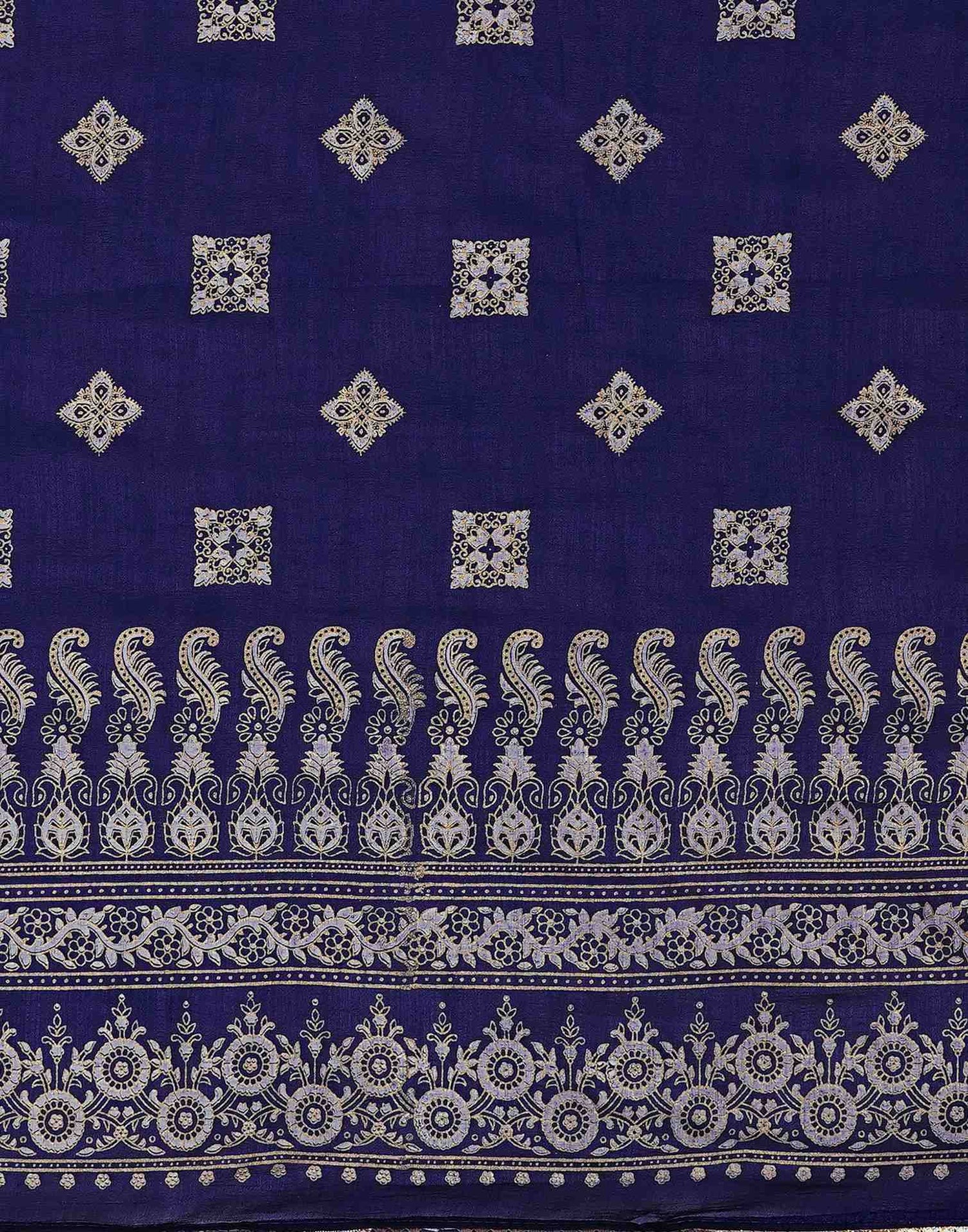 Navy Blue Silk Foil Printed Saree