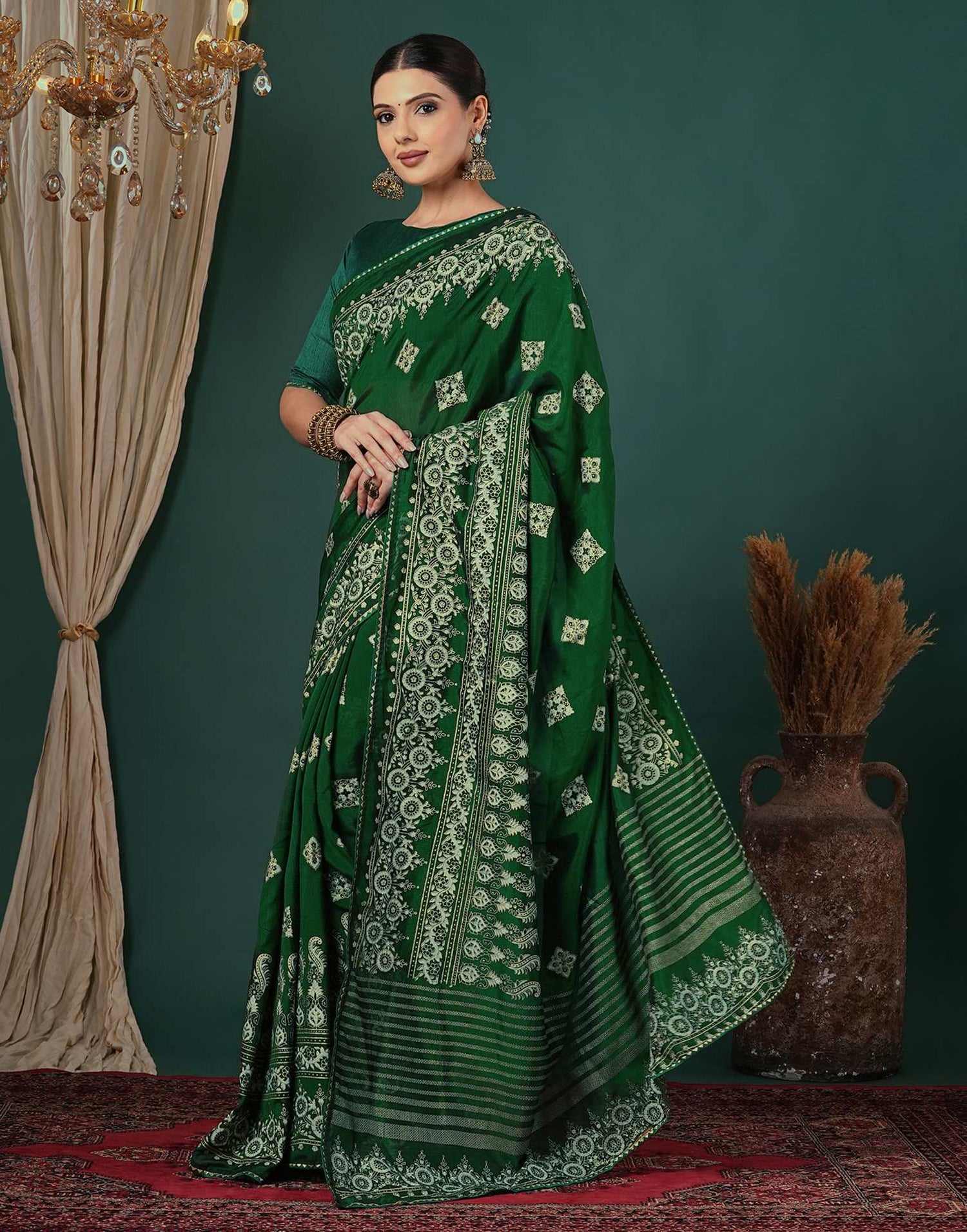Bottle Green Silk Foil Printed Saree