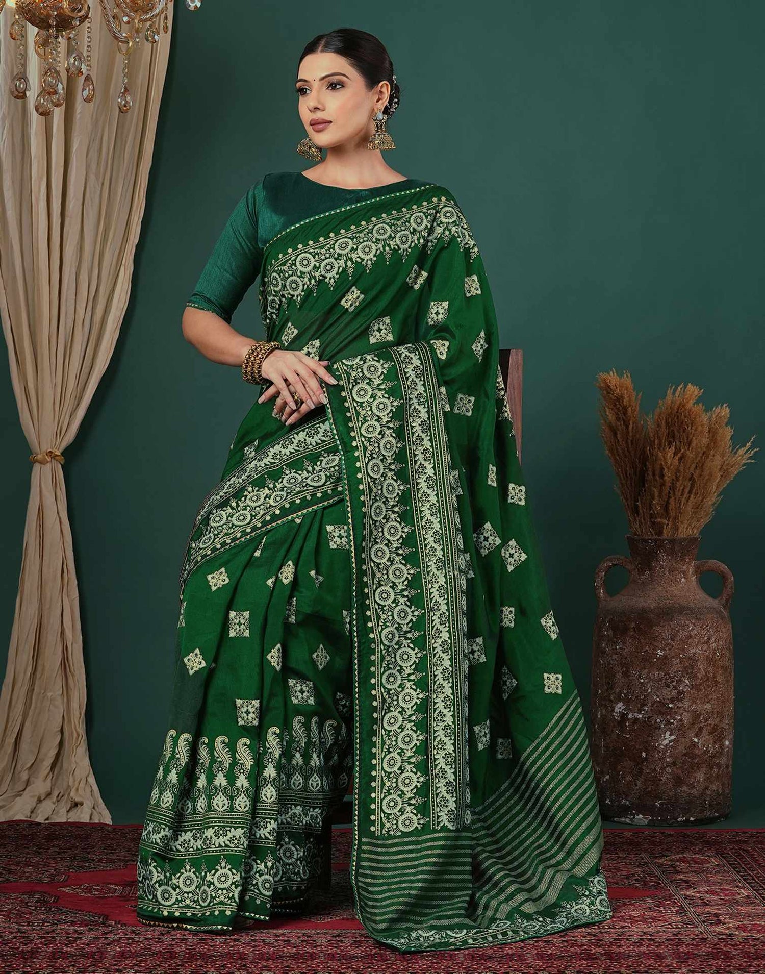 Bottle Green Silk Foil Printed Saree