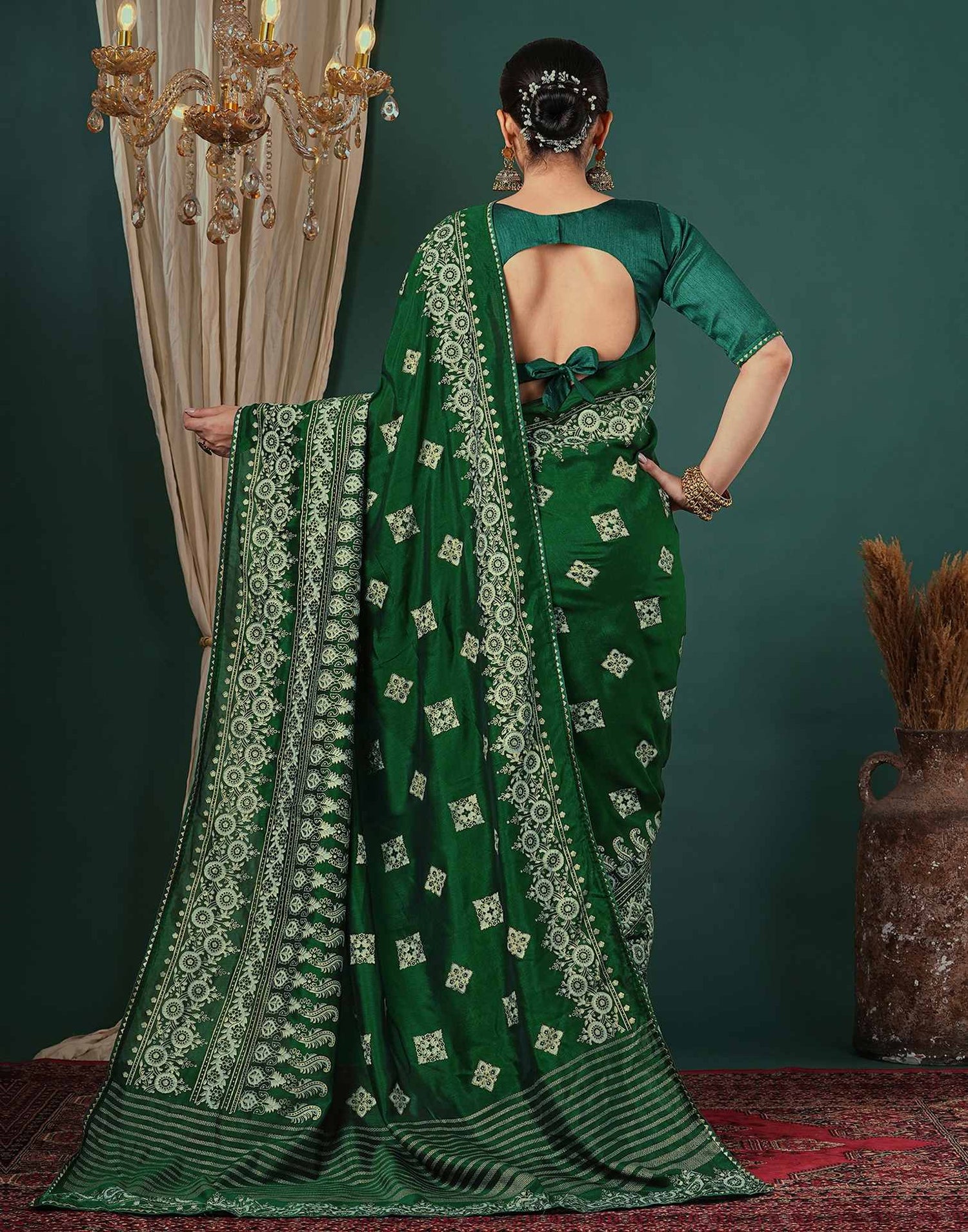 Bottle Green Silk Foil Printed Saree