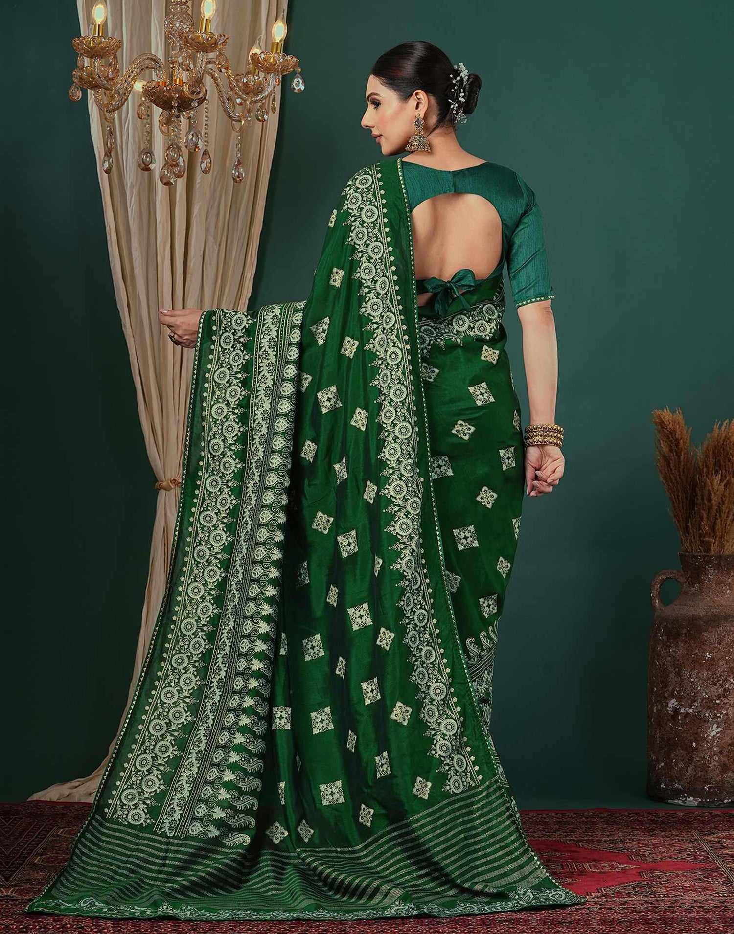 Bottle Green Silk Foil Printed Saree