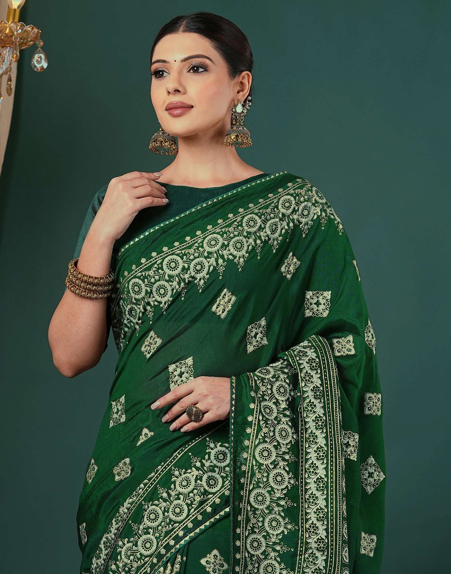 Bottle Green Silk Foil Printed Saree