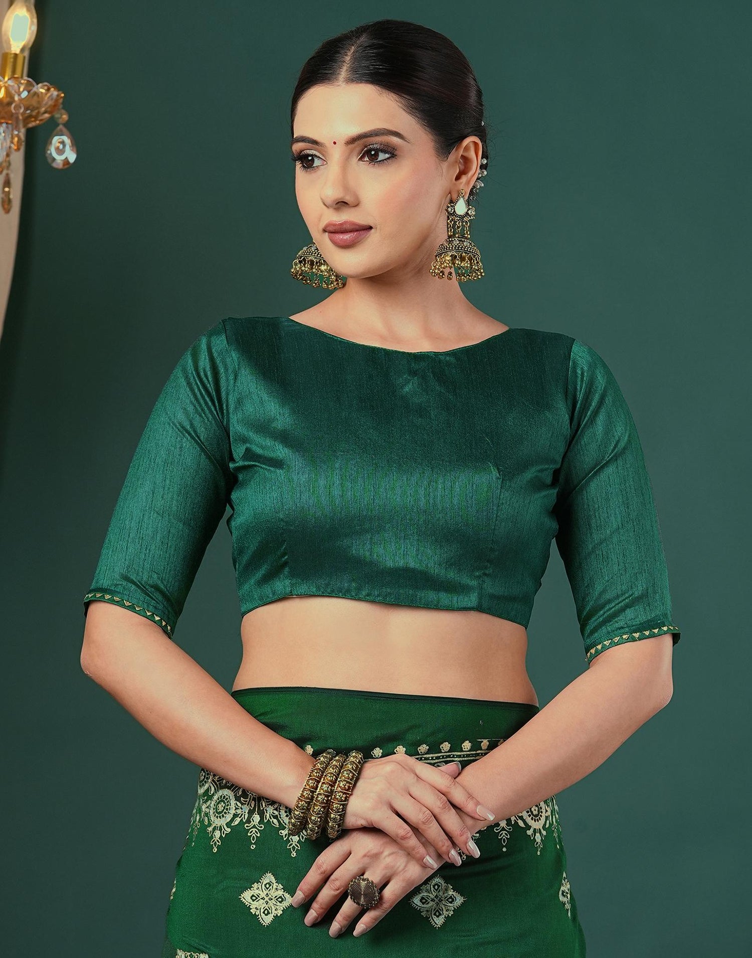 Bottle Green Silk Foil Printed Saree