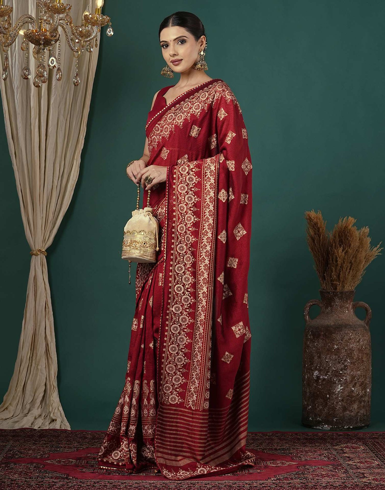 Maroon Silk Foil Printed Saree