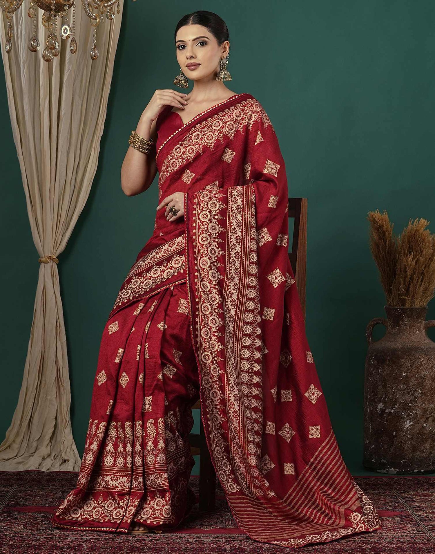 Maroon Silk Foil Printed Saree