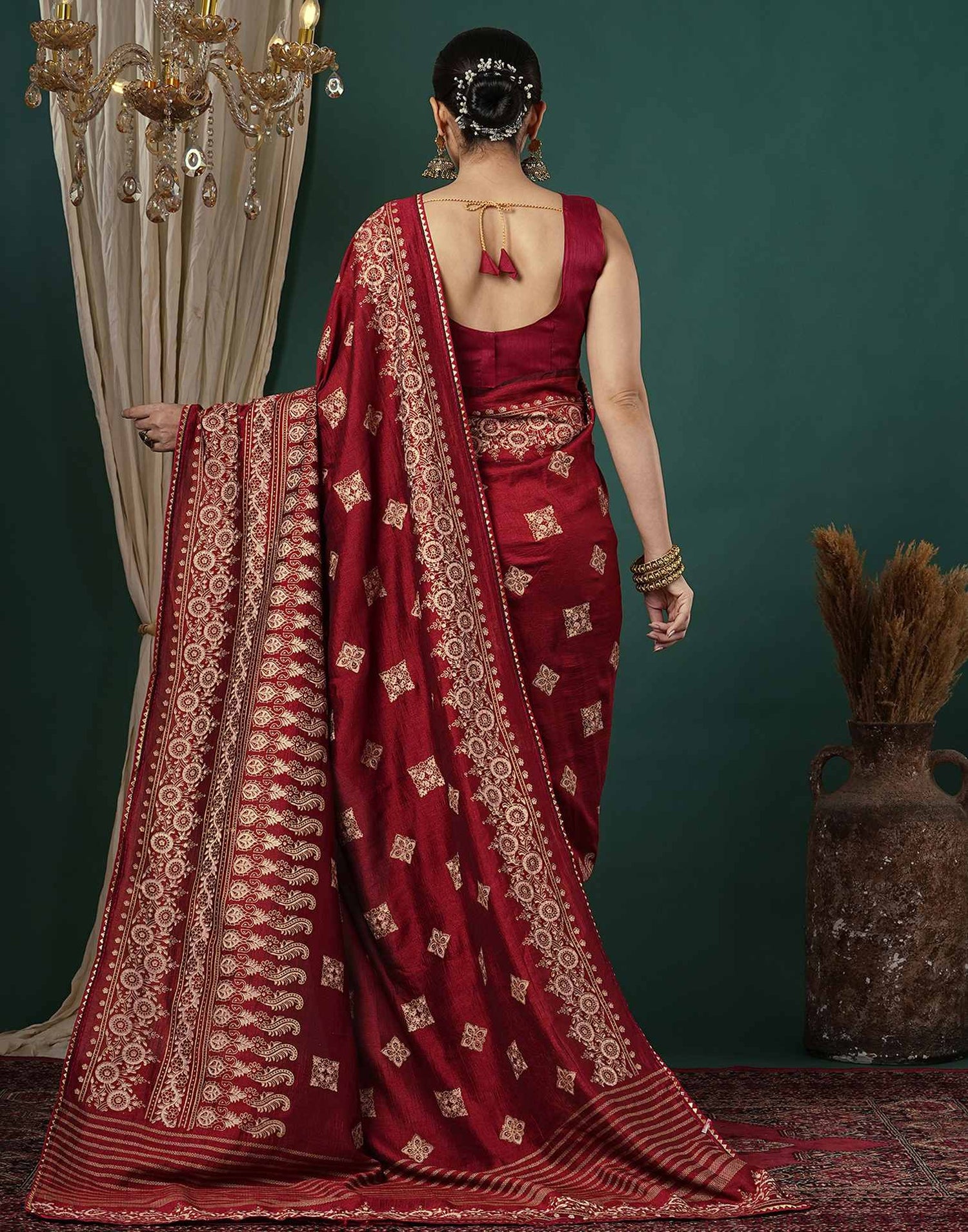 Maroon Silk Foil Printed Saree